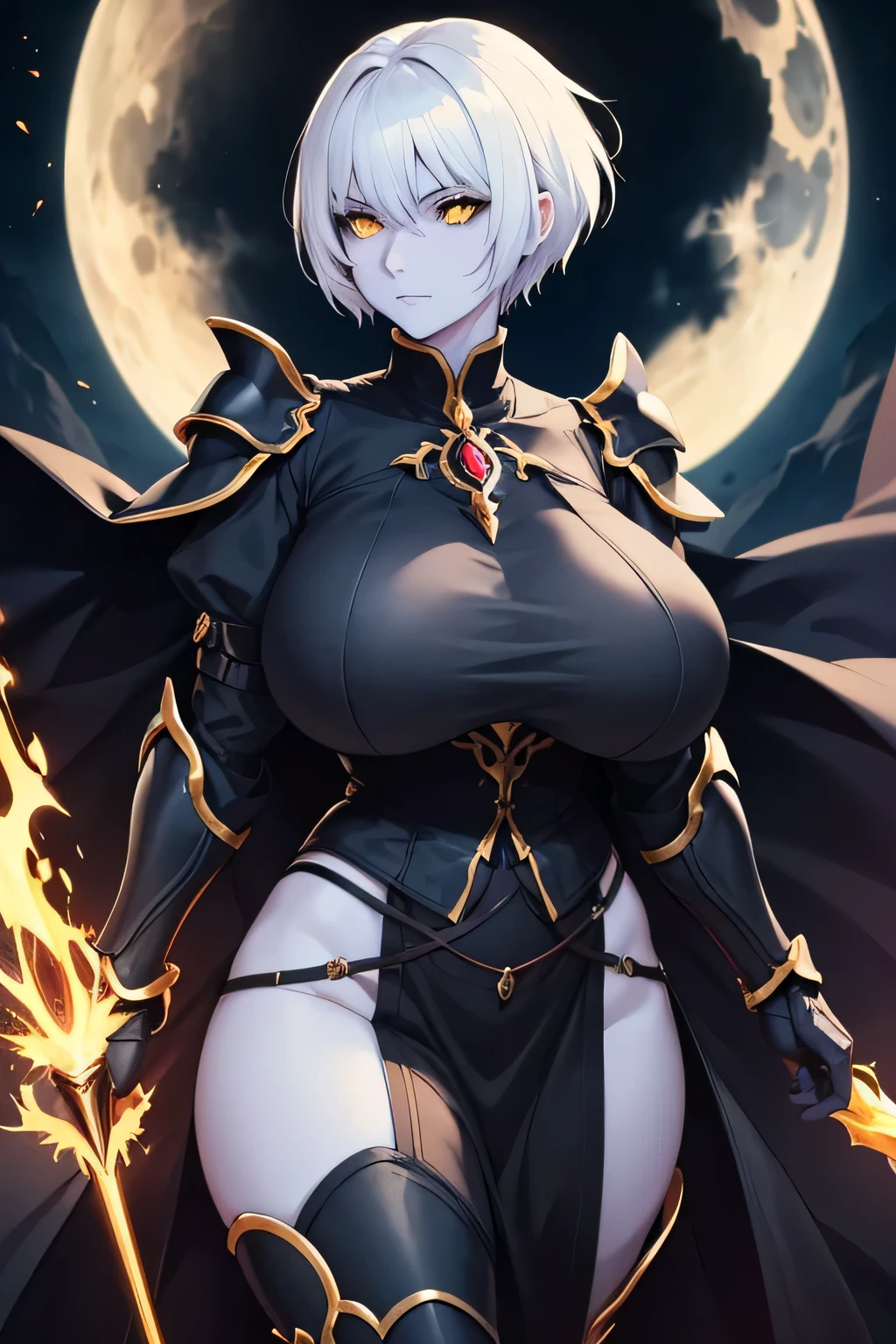 a woman with short white hair, wearing dark light armor, looking at the camera,black florist background anoite, bright moon, yellow eyes, best quality,HD,huge breasts, thin waist, large thighs,