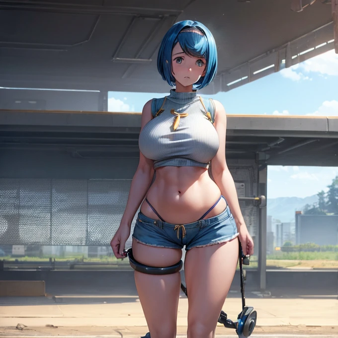 Joy (inside out), best quality: 1.1, 1 GIRL alone, (Blue eyes), detailed blue eyes, well-aligned eyes, extremely detailed face, blushing cheeks, (yellow skin), perfect face symmetry, smiling, embarrassed, (naked), BREAK intricate details on hands, intricate details con fingers, ((very huge) breasts), (blue hair), detailed hair, short hair, defined figure, Perfect body, detailed body, full body, thick muscular legs, small defined waist, very much voluptuous body, very much muscular body, dynamic erotic pose, Interacting, ((gray background with shadows): 1.1), (cowgirl sex position) riding cock, riding penis, riding dick