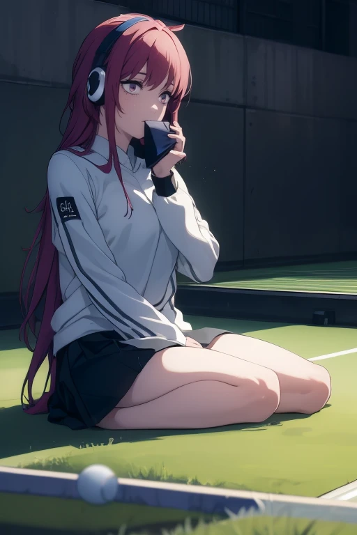Anime girl sitting on the floor with headphones on and playing a video game is playing games with headphones on，Game console in hand，Please pay close attention to the console，floating in the air, profile, shadow, small breasts, solo, tree , ((masterpiece)) anime background art, amazing wallpaper, background art, hd wallpaper, relaxing concept art, beautiful wallpaper, high quality desktop wallpaper, background artwork, pc wallpaper, anime background, wallpaper hd, 8K image quality, Masterpiece 