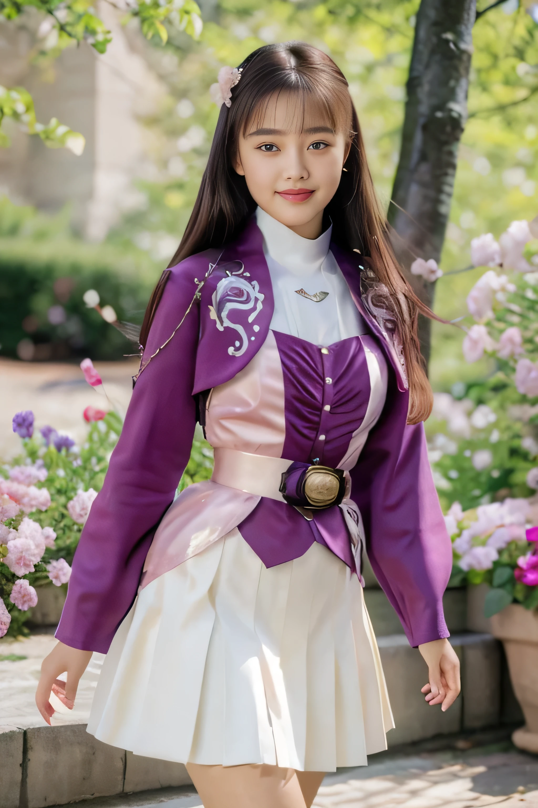 (Extremely detailed CG), (Best Quality), front,One Girl, Perfect Face,  Shiny skin, Shiny skin, Wide Hips, Narrow waist,  ,May,purple bolero jacket,White Skirt,Long sleeve, Pink Belt, Brown Hair,smile, Straight hair, Character portrait, 