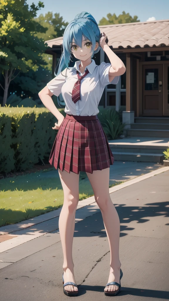 (masterpiece, best quality),ray tracing,absurdres, HDR,rimuru tempest, campus, skirt, 1girl,large breasts, blue hair, school uniform, plaid skirt, , long hair, smile, plaid, yellow eyes, , , pleated skirt, full body, , ponytail, , standing, , looking at viewer, solo, , hair between eyes, ,shirt, bangs, sandals, red skirt, white shirt, collared shirt, closed mouth, , short sleeves, miniskirt,outoors, ,