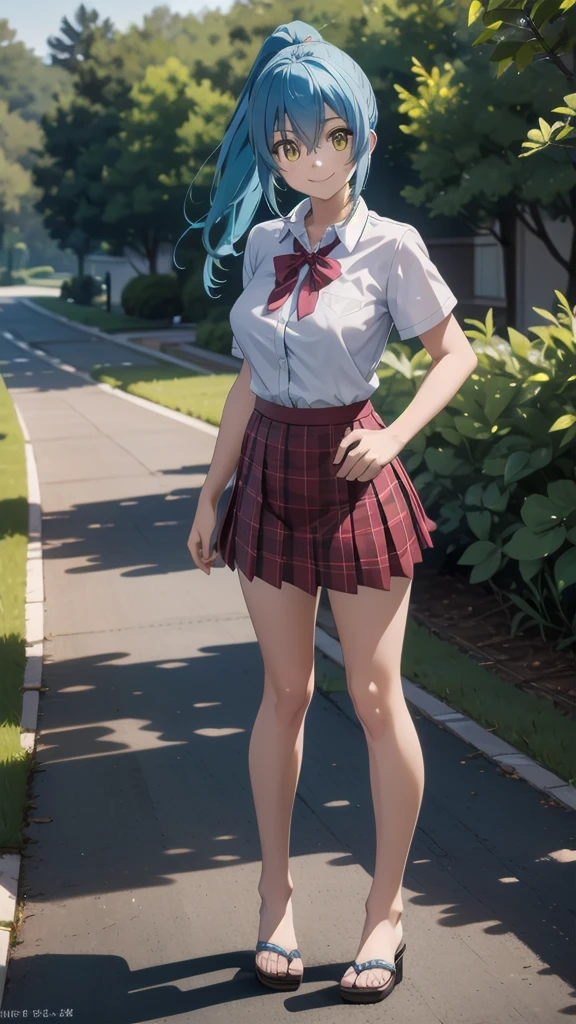 (masterpiece, best quality),ray tracing,absurdres, HDR,rimuru tempest, campus, skirt, 1girl,large breasts, blue hair, school uniform, plaid skirt, , long hair, smile, plaid, yellow eyes, , , pleated skirt, full body, , ponytail, , standing, , looking at viewer, solo, , hair between eyes, ,shirt, bangs, sandals, red skirt, white shirt, collared shirt, closed mouth, , short sleeves, miniskirt,outoors, ,