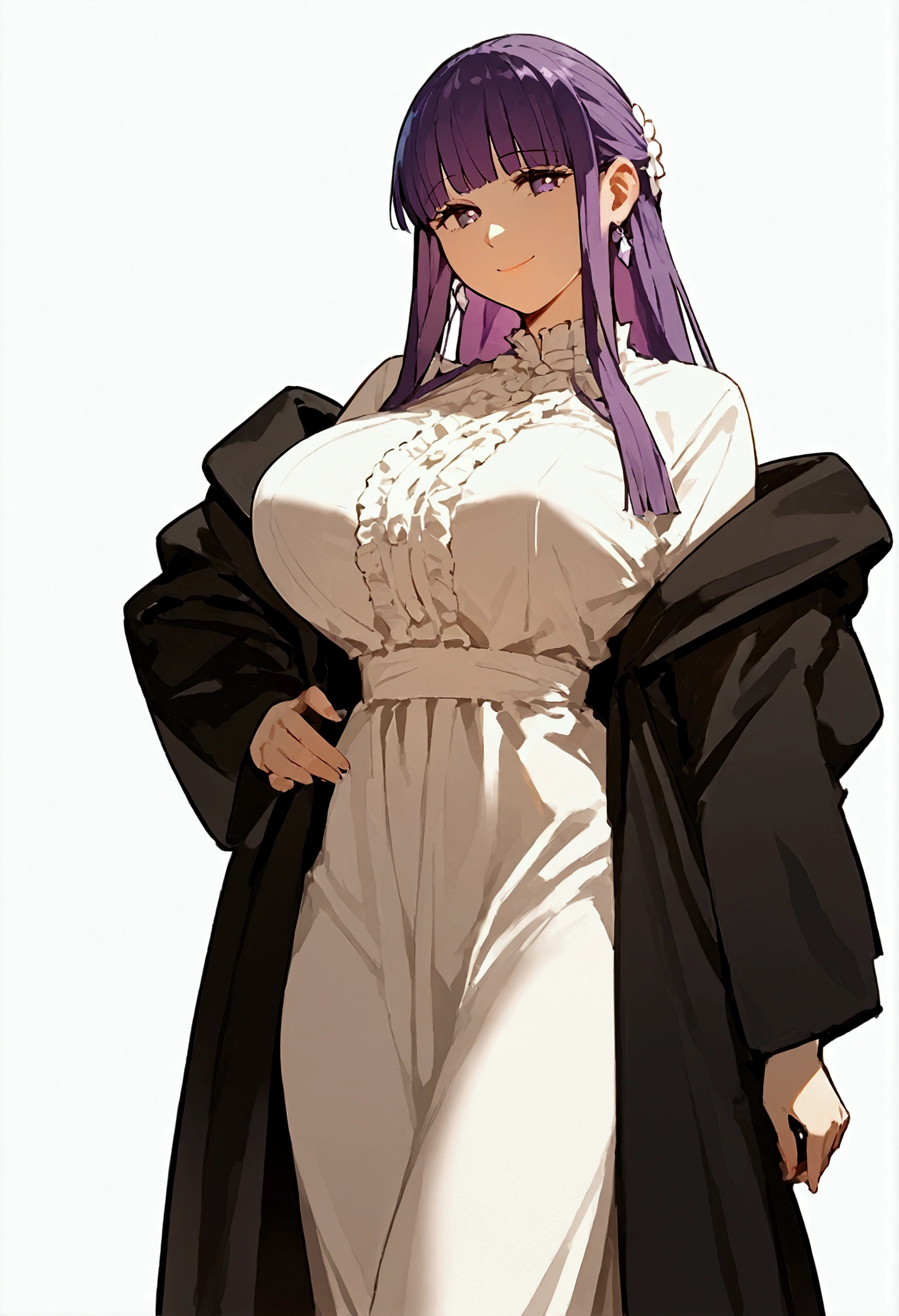 MARE Style, open robe, long dress, fern \(sousou no frieren\), purple hair, long hair, blunt bangs, half updo, beautiful, score_9,score_8_up,score_7_up BREAK {prompt}, large breasts, curvy.anime artwork, score_9, score_8_up, score_7_up, score_6_up, score_5_up, score_4_up, breast size D,Big hips, High quality, Smile,T,masterpiece, best quality, big breasts