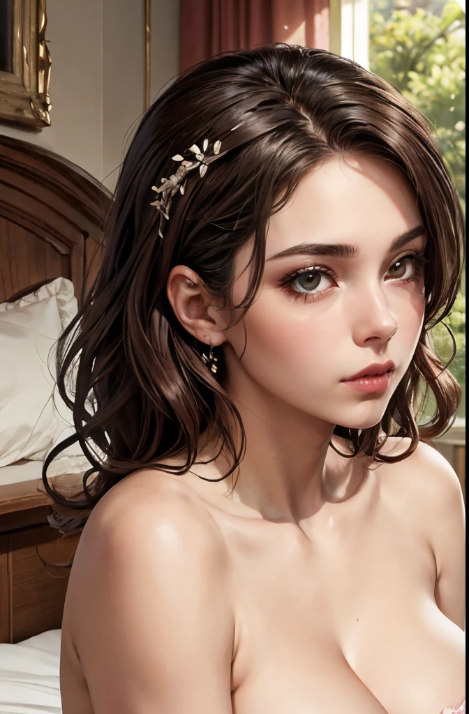 woman wearing strapless leotard, break, One girl, Detailed face, Puzzled, (Watching the audience:1.2), strapless leotard, Deep Cleave, (Big Breasts:1.4), shoulder, clavicle, Surreal, DIGITAL PAINTING, Long, curly hair, Elegant, (Pale pink fabric, plush hydrangea bed of pink and white blossoms, Dreamy, Mysterious atmosphere, Pink Palette, white, ), Soft Focus, Gentle glow, art, amazing, Bohemian Gypsy, Marquise, Duchess, (Close-up shot:1.2), How on chest, How on face, How on mouth, (((How)))