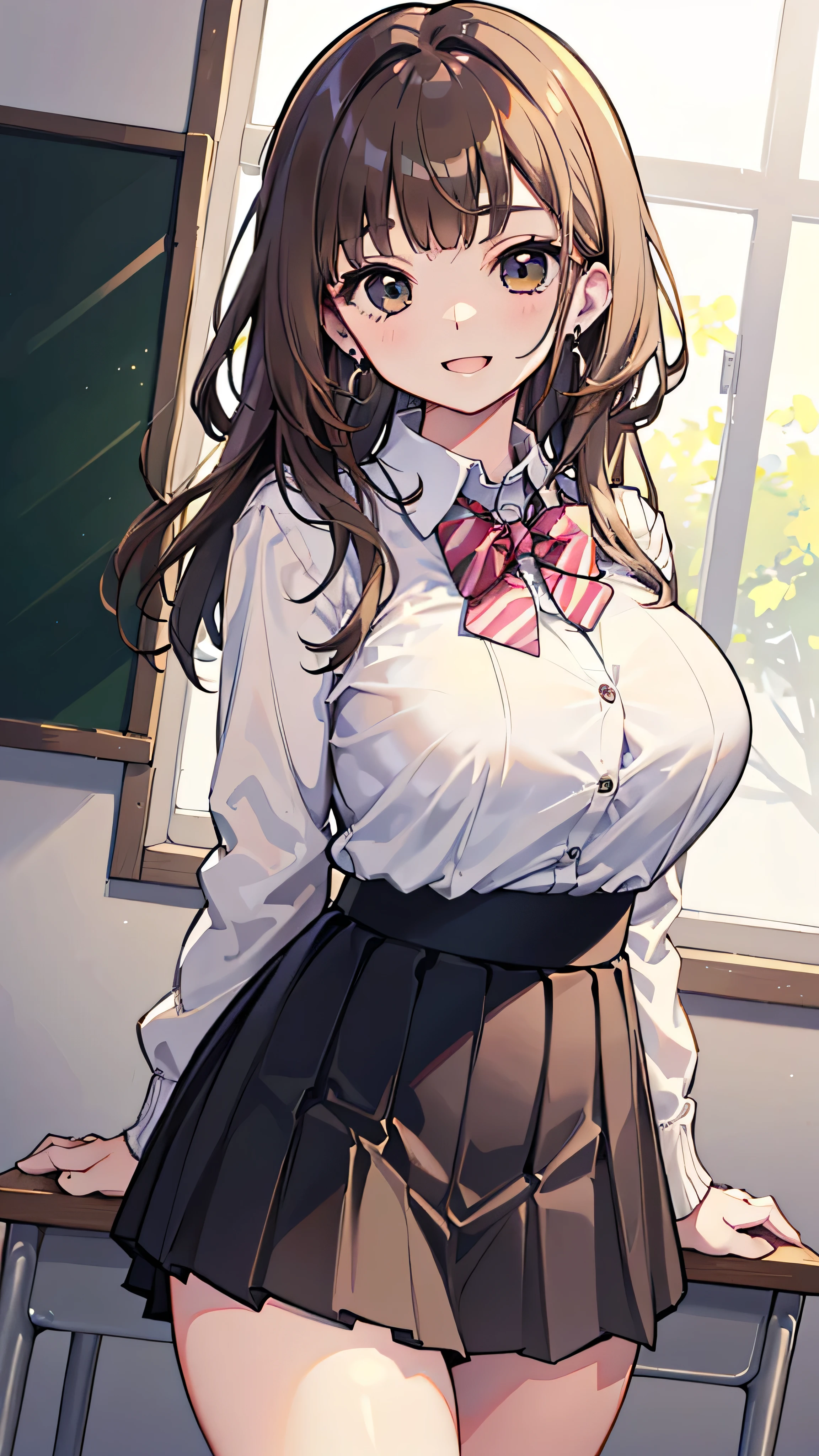 (masterpiece、Please redeem、Very detailed))、One Girl、Improve、Brown gradient hair、Long Hair、Light brown eyes、Wicked Smile、((Open your mouth))、((Lots of earrings))、((Large Breasts))、((White collar shirt))、、Bow tie、((Black pleated skirt))、((mini skirt))、Cardigan at waist、((Thick waist))、Thighs、Cowboy Shot、Classroom Background