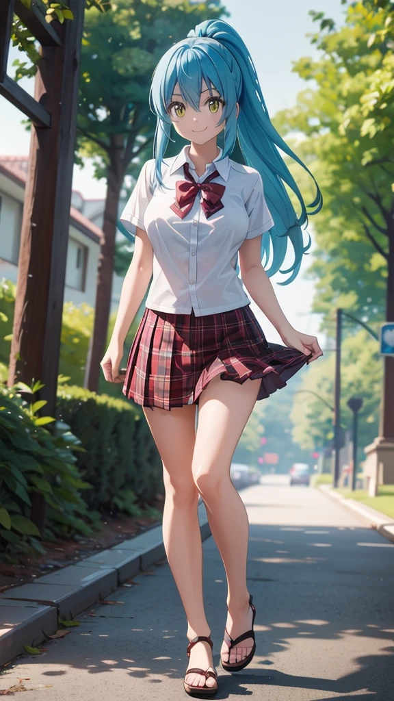 (masterpiece, best quality),ray tracing,absurdres, HDR,rimuru tempest, campus, skirt, 1girl,large breasts, blue hair, school uniform, plaid skirt, , long hair, smile, plaid, yellow eyes, , , pleated skirt, full body, , ponytail, , standing, , looking at viewer, solo, , hair between eyes, ,shirt, bangs, sandals, red skirt, white shirt, collared shirt, closed mouth, , short sleeves, miniskirt,outoors, ,