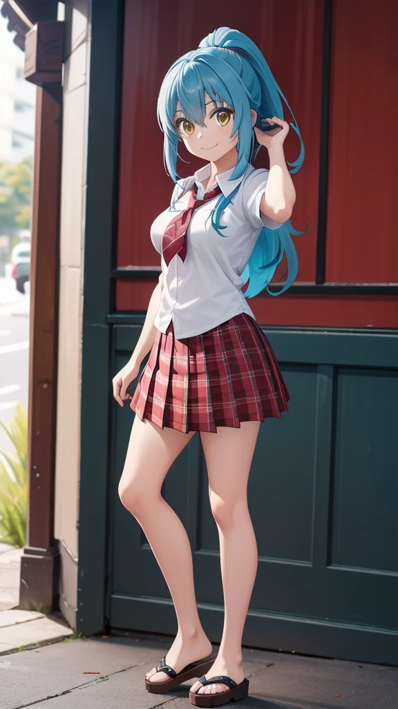 (masterpiece, best quality),ray tracing,absurdres, HDR,rimuru tempest, campus, skirt, 1girl,large breasts, blue hair, school uniform, plaid skirt, , long hair, smile, plaid, yellow eyes, , , pleated skirt, full body, , ponytail, , standing, , looking at viewer, solo, , hair between eyes, ,shirt, bangs, sandals, red skirt, white shirt, collared shirt, closed mouth, , short sleeves, miniskirt,outoors, ,