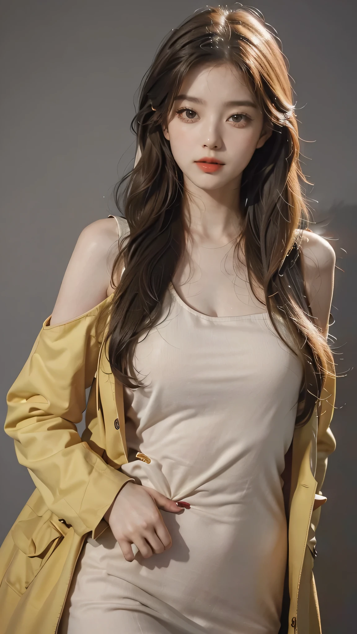 (RAW shooting, Photoreal:1.5, 8k, highest quality, masterpiece, ultra high resolution), perfect dynamic composition:1.2, Highly detailed skin and facial textures:1.2,beautiful and aesthetic:1.2, standing:2, full body:2, sandals, Fair skin, (large breast:1.4, Chest gap:1.4),(connie,hair band,earrings,necklace,1girl, tall, long legs, makeup:1.2, long hair, dark orange hair, navel,perfect thigh:1.4, tight tied shirt,short sleeves, tight red short pants:2, belt:1.2),(simple background:1),