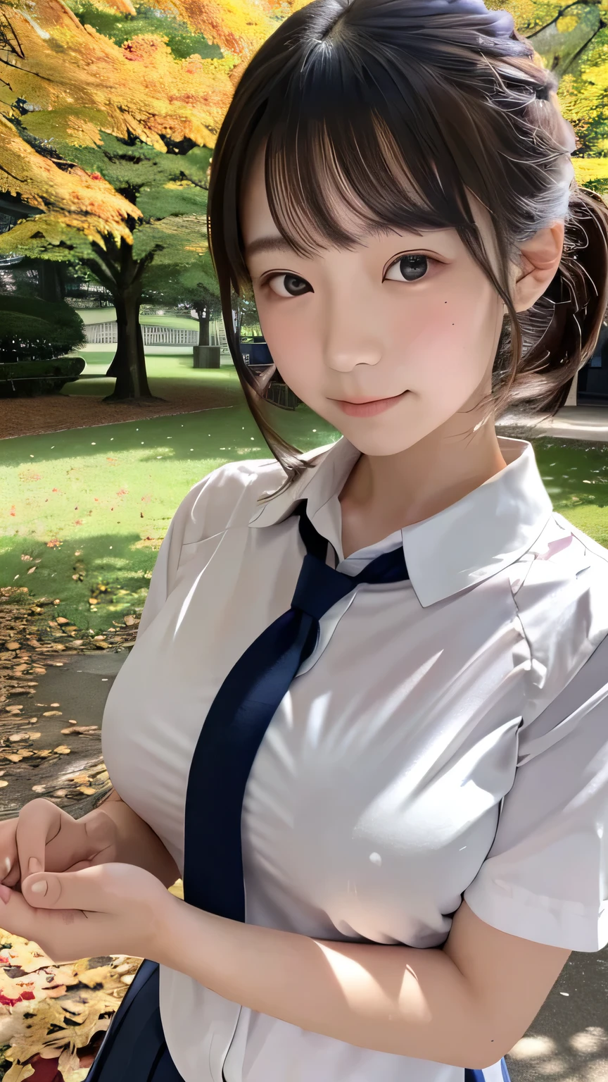 (masterpiece:1.2), Japanese, (yo), (a scrl), in a park, short sleeves, ((both hands on her breasts)), autumn leaves, (breasts cleavage), collared shirt,