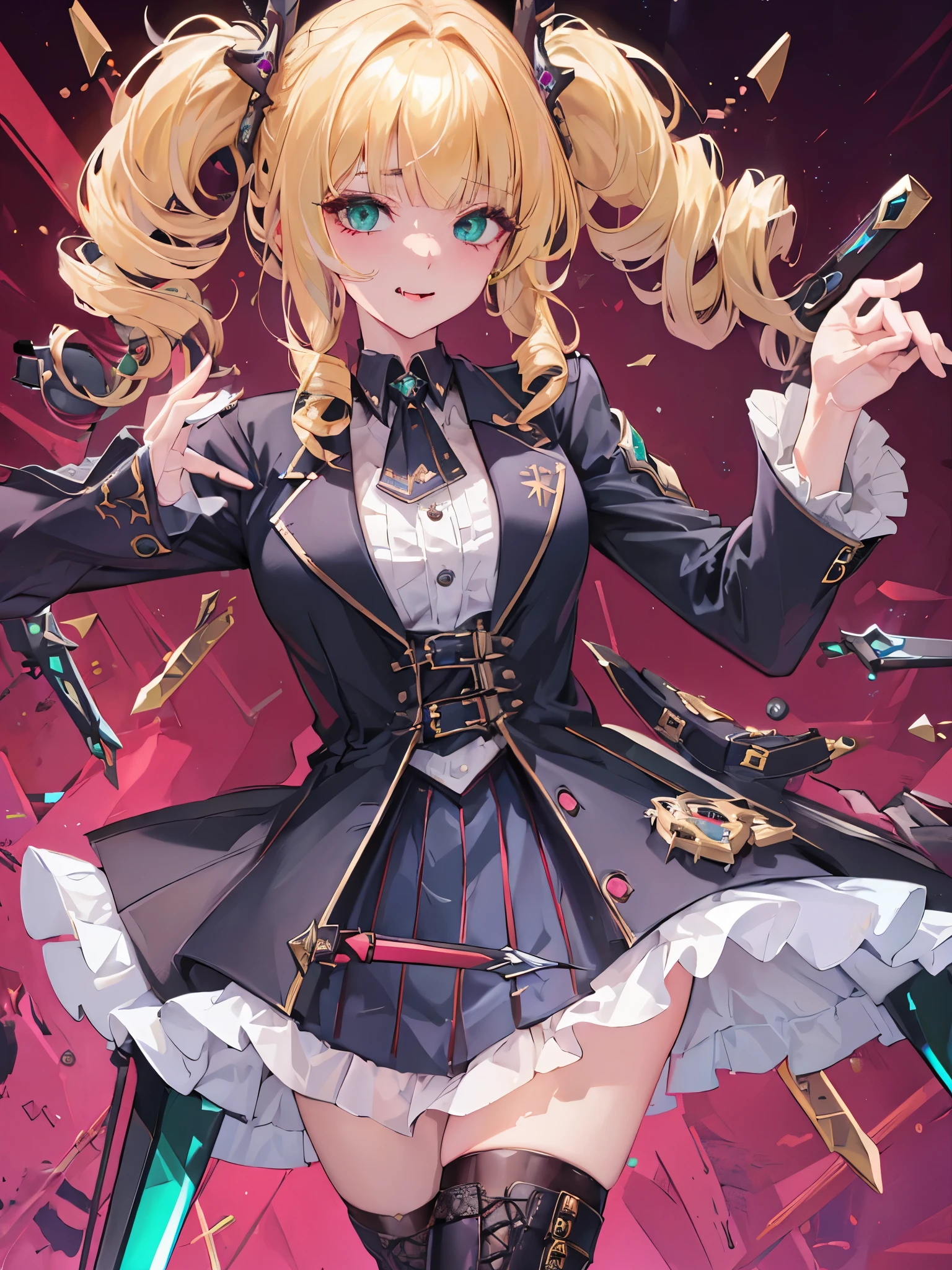 (((Highest quality ultra detailed,Unity 8k))),Twin Drill,emerald eye,Posing,blazer:1.1 (Gothic ta:1.2),,blunt bangs,lace up boots,Blonde,medium hair,knife,Licking one's lips,looking down, watching at Viewer:1.3,looking down,smile