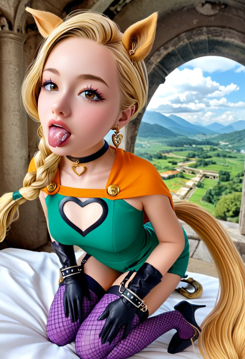 (High quality, masterpieces, Realistic and detailed depiction), One Japanese girl waiting for some liquid to fall from above with her mouth opened, tilting her head back, Kneeling down, Blonde braid hair with horse ears, Beautiful face with brown eyes, White cloudy liquid on her tongue, licking a big black penis on her face:1.5, A little black tattoo on her forehead, horseshoe shaped earrings, Orange short cape, Green mini dress made of enamel, A heart shape cutout at her bellybutton, A purple micro shorts, Attach a horse tail on her ass hole, black wedge heels, Black long gloves with the shackles, Black leather choker, Purple fishnet Stockings, Garter belt, Ancient ruins on a mountaintop, On a luxurious bed with a canopy, perspective from above