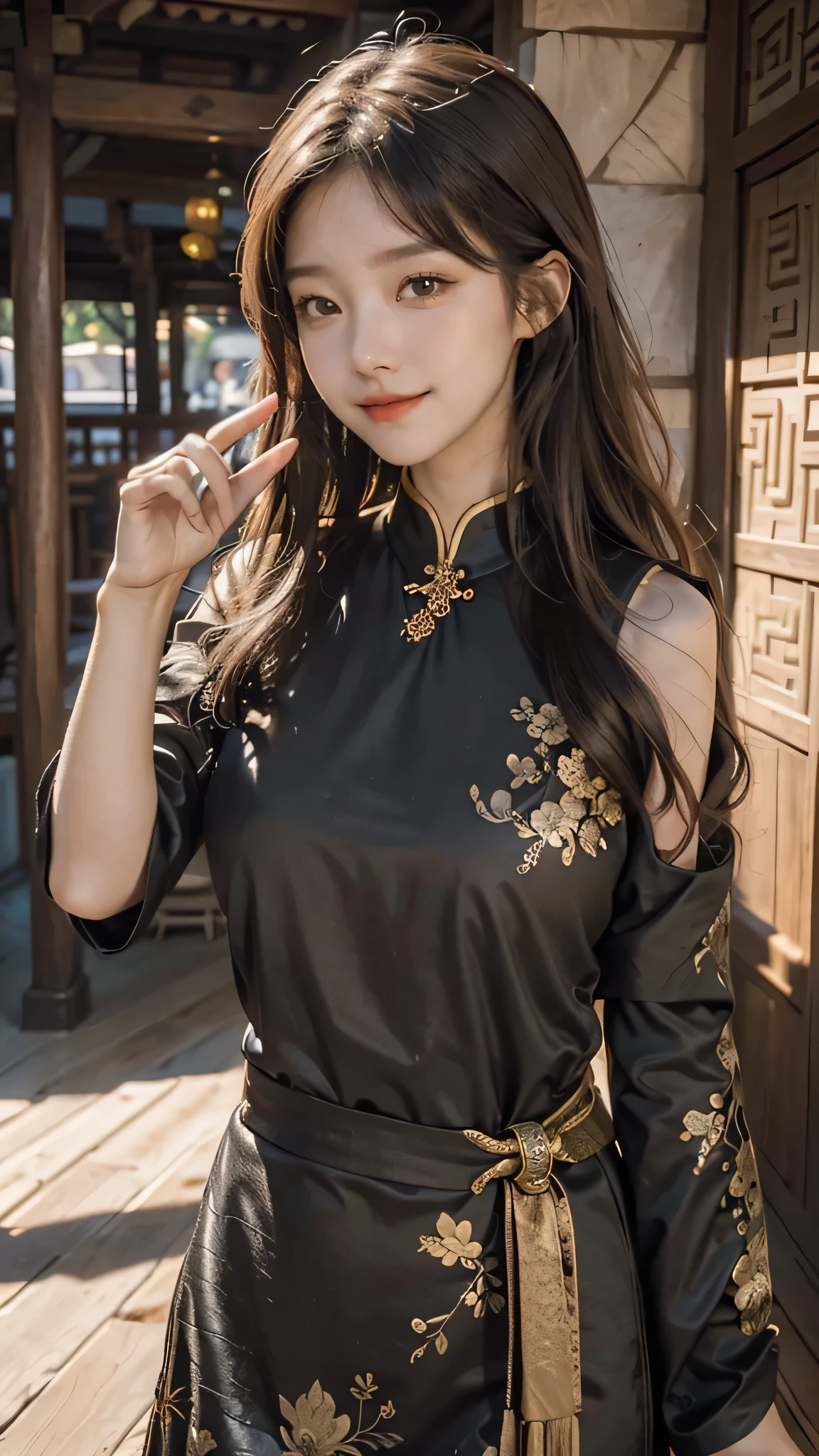 (8K, Raw photo, Best Quality, masutepiece:1.2), (Realistic, Photorealsitic:1.37),1girl in, Professional Lighting, Photon mapping, Radio City, Raw photo、(Photorealsitic:1.4)、Octane number renderin、Complex 3D rendering ultra detail, Studio Soft Light, Rim Lights, vibrant detail, super detailing, realistic skin textures, Detail Face, Beautiful detail eyes, Very detailed CG Unity 16k wallpaper, make - up, (detailedbackground:1.2),Colossal tits、Best Quality, 超A high resolution, masutepiece, 1girl in, 20yr old, Black hair,(Cheongsam), cute  face, Bun,a temple background、乃木坂アイドル、韓国アイドル、Japan idle