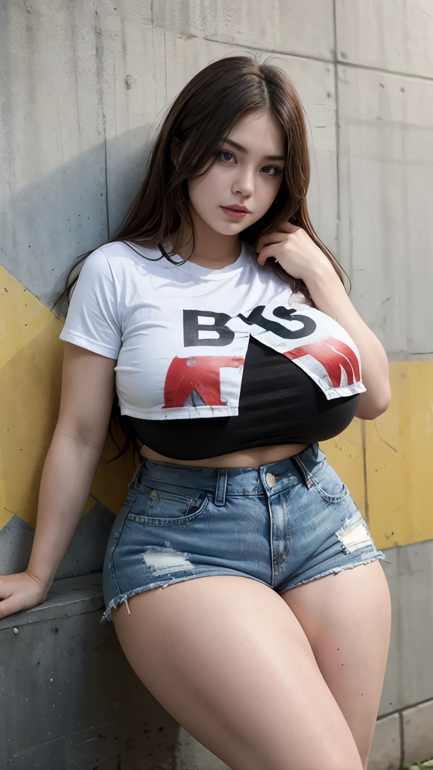 a sexy woman with big breasts and an athletic body with thick thighs wearing denim shorts and a Brazilian national team t-shirt against a backdrop of a wall with a Brazilian flag 