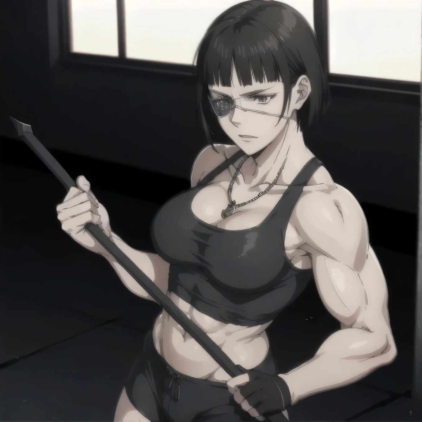 best quality,ultra-detailed,realistic:1.37),musclaur badass girl with sculpted body with preview her musclaur body and eight-pack, full review of the female character's face and body, intense expression, strong and confident posture, studio lighting, vivid colors, physiologically-based rendering, grungy texture, rugged background, dust particles in the air, commanding presence, professional, powerful, gritty aesthetics,,Valmet،short hair, Chains necklace,Light reflection on shoulders,clean muscles،wearing black sport shorts and blue gym tank top,tattoos on shoulders،muscles review( girl solo),eyepatch,Shining muscles,eyes detailing,fat free body,veins in muscles,penis growth inside shorts,Photo session,Matching remix,With both hands holding a spear,pelvic muscles,in gym alone
