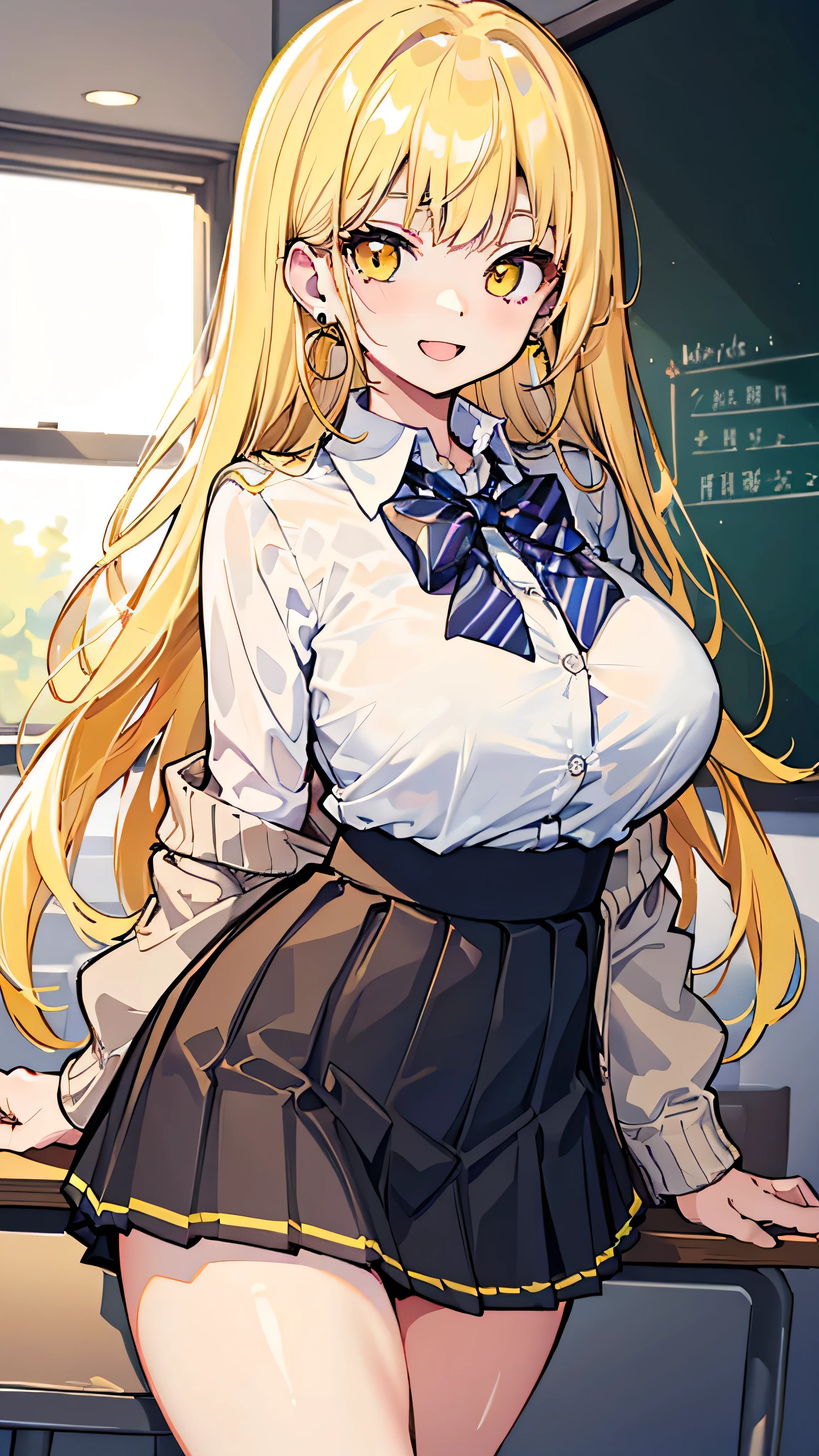 (masterpiece、Please redeem、Very detailed))、One Girl、Improve、Yellow gradient hair、Long Hair、Bright yellow eyes、Wicked Smile、((Open your mouth))、((Lots of earrings))、((Large Breasts))、((White collar shirt))、、Bow tie、((Black pleated skirt))、((mini skirt))、Cardigan at waist、((Thick waist))、Thighs、Cowboy Shot、Classroom Background
