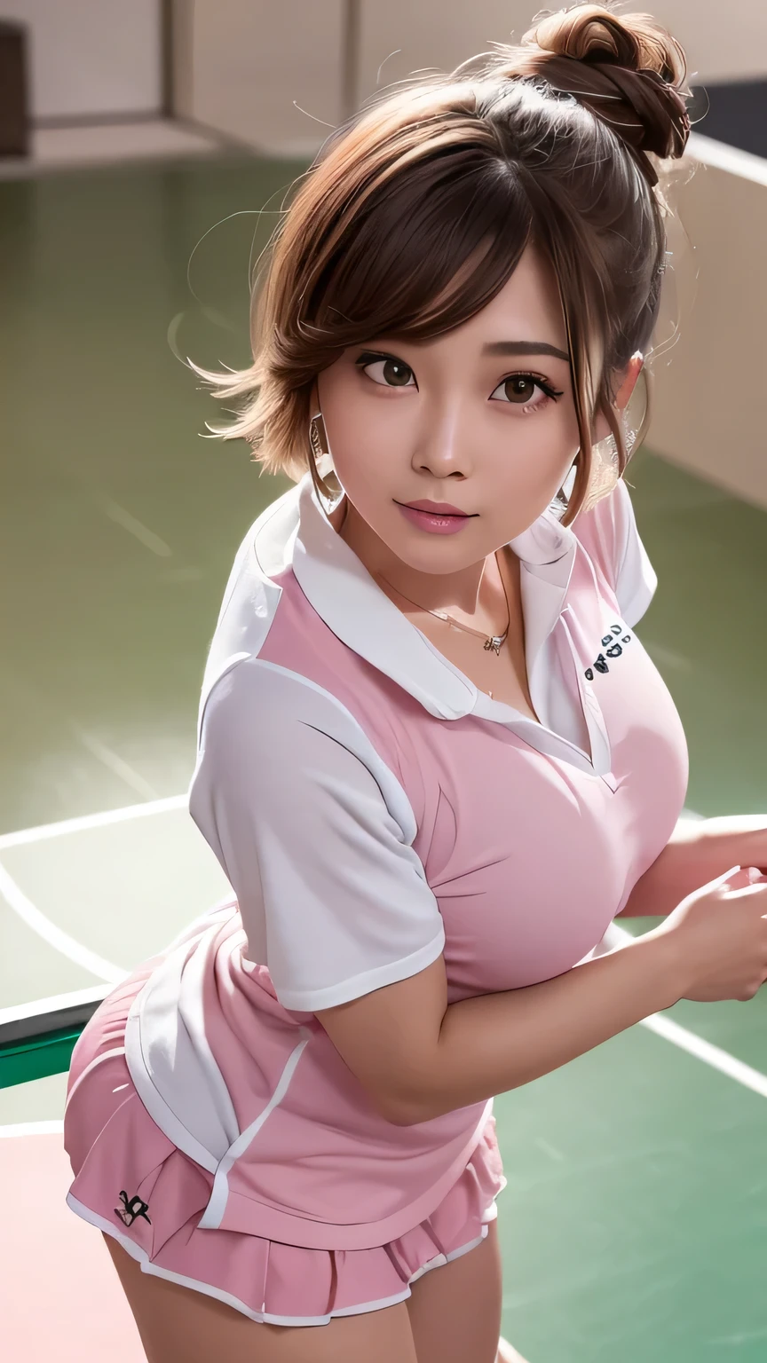 (8K, High level image quality, high quality, High resolution, masterpiece), Two Japanese beautiful Gal:1.4, High resolution, Super detailed, Highly detailed CG Unity 8K wallpaper, realistic, photo-realistic, RAW photo,  beautiful detailed face, white skin, realistic skin, fine cloth texture, detailed hair texture, perfect proportions, beautiful face, Accurate, anatomically correct, Highly detailed face and skin texture, natural neck length, (beautiful hand air skin:1.4), sexy thighs, fine eyes, symmetrical eyes, light brown eyes, double eyelid, thin eyebrows, (glossy lips:1.2), (embarrassing smile:1.4), Bright and shiny lips, Keep staring at me, (classy and cute girl:1.4), Cute table tennis idol player, During a table tennis match, short hair Table tennis player, (Cute pastel pink table tennis uniform:1.4), ((Cutely holding a table tennis racket)), earrings, chain necklace, (big breasts:1.3), Cleavage of the breast, tits out:1.2, (pretty big hip:1.4), (beautiful curves), 18 years old, (dark brown hair, wavy hair), ((short hair, asymmetrical bangs:1.2)), (Look up at the viewer with their gaze:1.1), Table tennis venue is the background, (From the back:1.2)