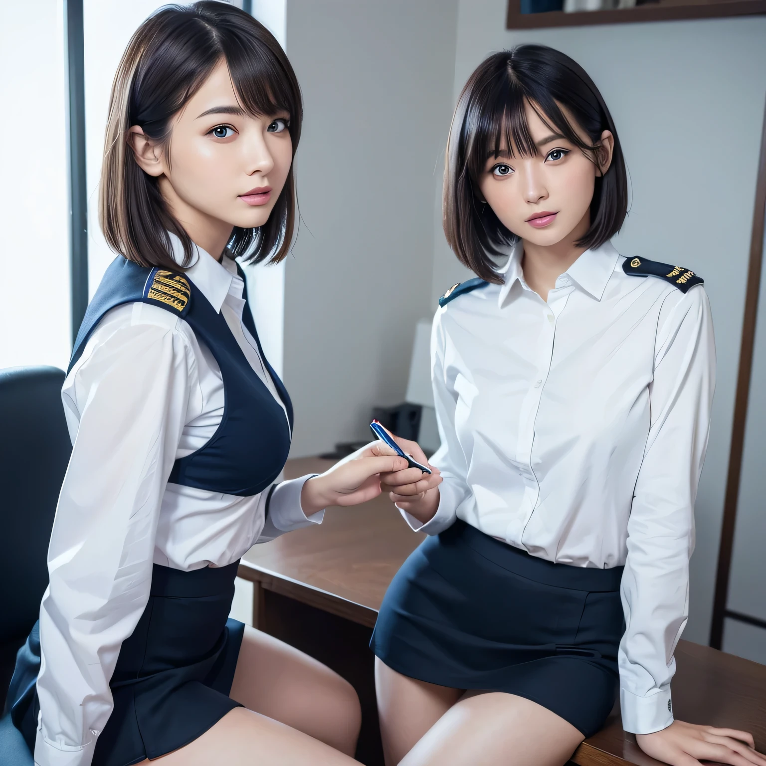 Japanese female police officer。police officer beauty。short hair。big breasts。spread your legs、Show me your crotch。Quite a lot of pubic hair。have a lot of pubic hair。pubic hair is quite dense。Pubic hair is long。large thighs。sex in the conference room。