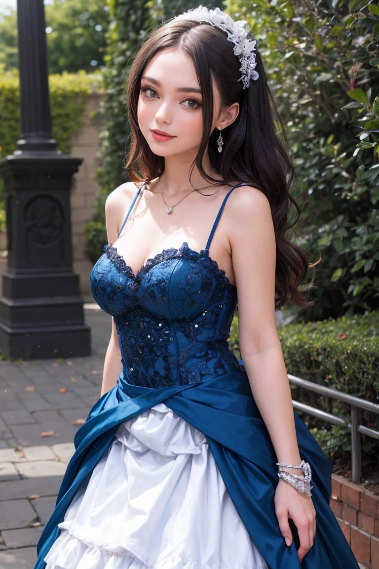 nsfw,(Rococo architecture:1.2),(Castle balcony), Dynamic angle,((1girl, Black sheer mermaid frill dress , highest resolution)), (beautiful illustration),(semi long beautiful hair),(looking at the viewer),innocent smile,cinematic lighting,white over-kneehighs,Lace chalker, wristband, diamond necklace,wristband, white fingerless gloves, earrings,day,blue sky,Big Breasts,Red lipstick,