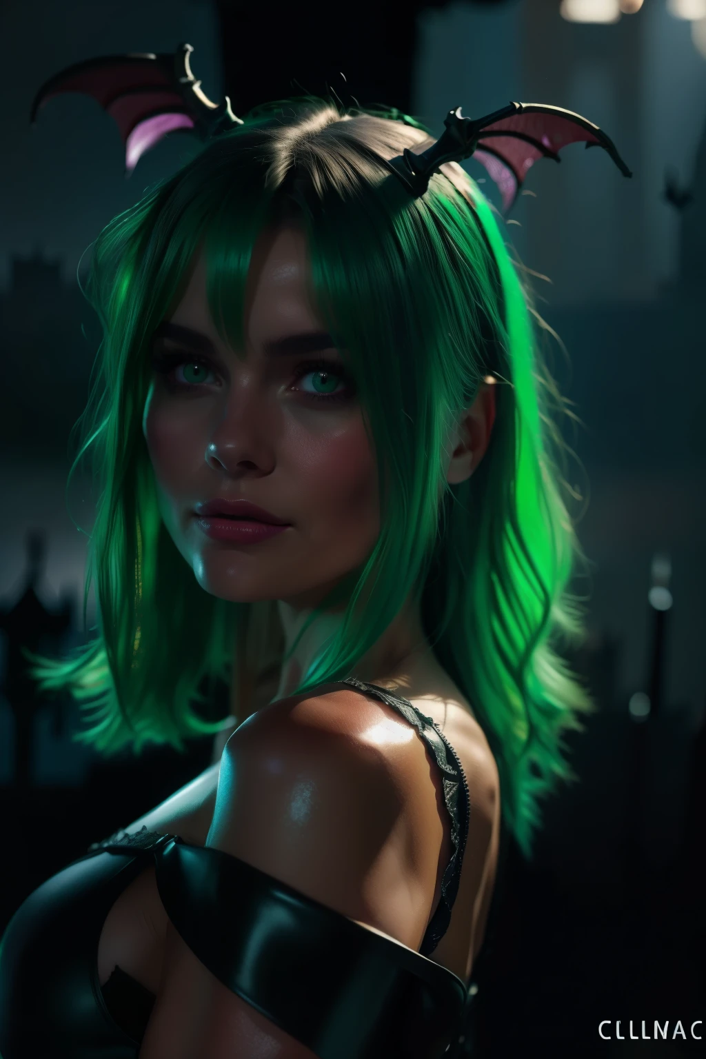 Realistic Morrigan Aensland, Dynamic pose, soft smile, long green hair, ((Bat wings)), detailed skin Textures, intricate, detailed face, hyperrealistic, realistic light and shadows , ((cinematic lighting:1.5)) . (((Cinematic Dark castle background))) .