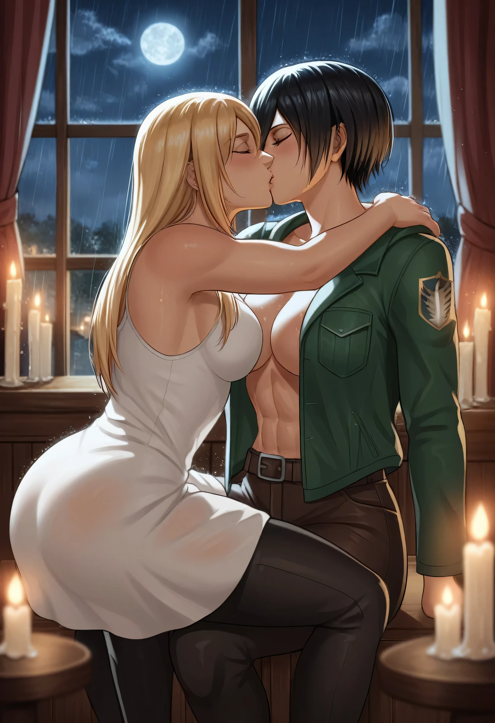 score_9, score_8_up, score_7_up, BREAK source_anime, historia reiss, blue eyes, blonde hair, long hair, medium breasts, long white dress sleeveless,female black hair soldier hugs historia,Mikasa with historia hugs,mikasa wreanig open green jacket and black combat pants,Mikasa female with short hair,mikasa female medium breasts,eyes closed,in night,moon in sky,mikasa final season,mikasa,Mikasa hugs historia،mikasa femboy,mikasa final season,historia blonde hair,hugs and kissing,mikasa carrying historia and kissing her,Mikasa lifts Historia up and kisses her.in middle night,raining outside,mikasa final season,girls kissing,girl×girl,lesbians,yuri,romantic wallpapers,historia sitting on mikasa and kissing her,Mikasa in both hands touch historia ass, raining,mikasa final season design,character's from season 4,one of Historia hands touch mikasa six-pack,romantic kissing,,mikasa pixie cut hairstyle,Serious love,inside room,dark room,candle light in room,