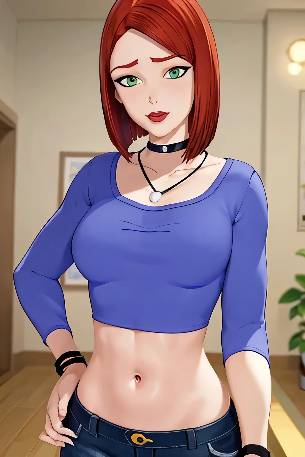 super fine illustration, vibrant colors, masterpiece, sharp focus, best quality, depth of field, looking down, cinematic lighting, ultra detailed, solo, 1girl, bellybutton, navel, tummy, choker, jewelry, necklace, black choker, blue shirt, crop top, long sleeves, black_pants, jeans, denim, wristband, red hair, short hair, green eyes, makeup, lipstick, red lips, bob cut, lips, mature woman, indoors, small breasts, CARTOON_merry_jane_watson_SMTAS_ownwaifu, www.ownwaifu.com, hips, slim, slender, embarrassed, open mouth, hand on own stomach, blush, teeth, belly, teeth