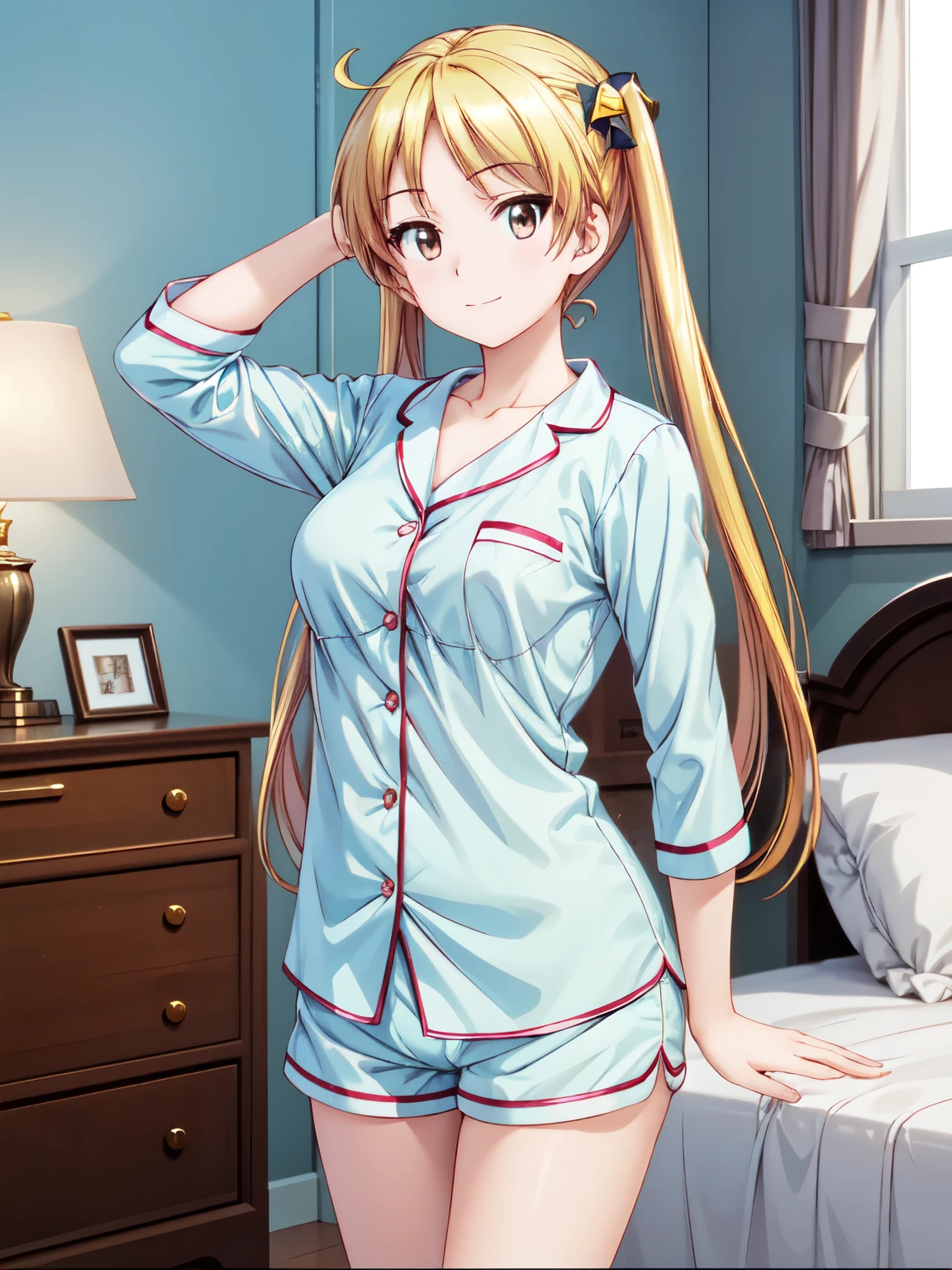 masterpiece、Best Quality、One Girl、Light blue pajamas、indoor、High resolution、Rin Suzunok、Closed Mouth、smile、Long Hair、Attractive eyes、bet、 Half asleep、(Shorts、In pajamas:1.2),Hands behind head、Sharp pupils、High resolution、High resolution、 super fine painting,、(Very detailed、color、Sparkle)、(Genuine、Real、Realistic:1.3)、High resolution、超High resolution