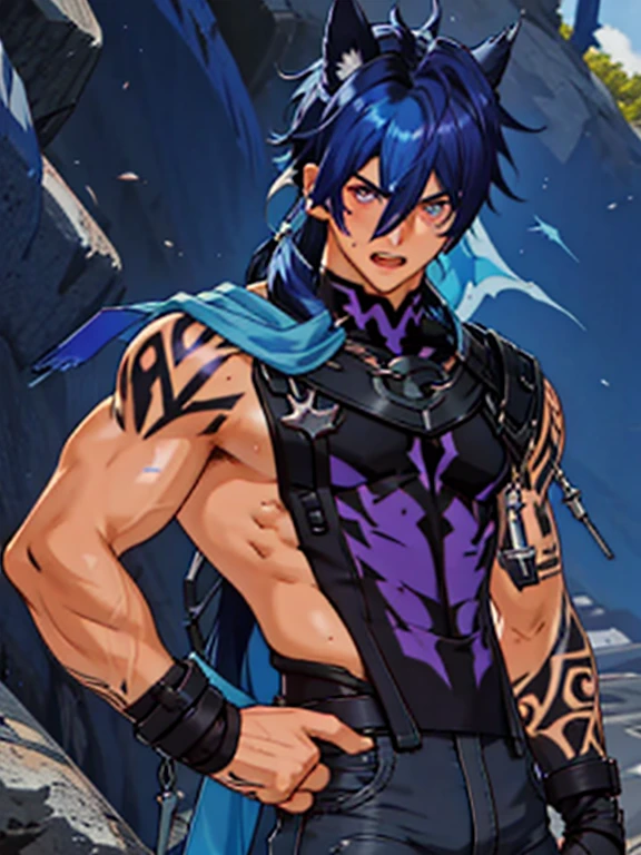 a close up of a person holding a sword and a skateboard, keqing from genshin impact, zhongli from genshin impact, handsome guy in demon slayer art, genshin impact character, ayaka game genshin impact, genshin impact style, genshin, inspired by Okumura Masanobu, trigger anime artstyle, ayaka genshin impact --auto --s2
