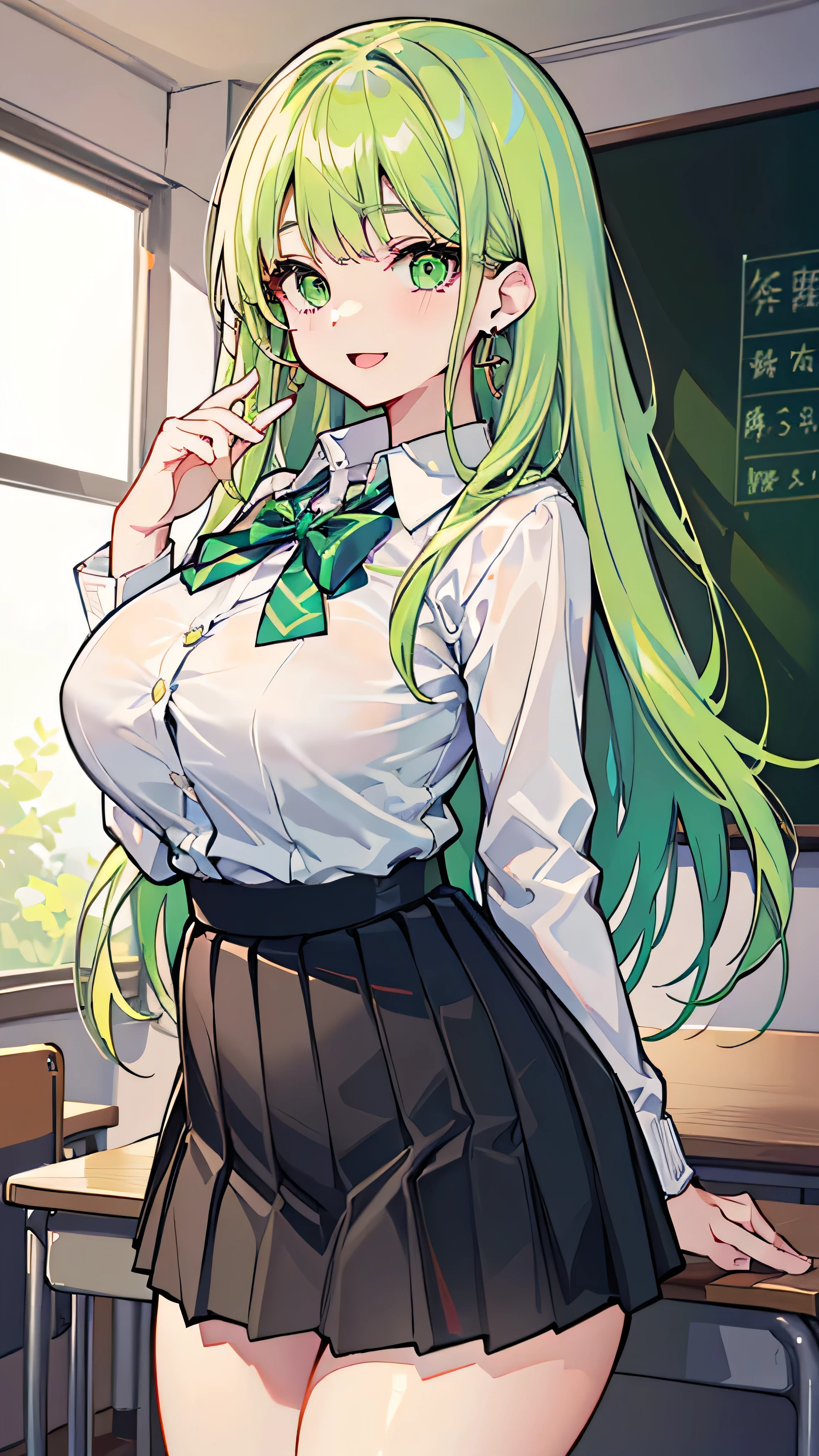 (masterpiece、Please redeem、Very detailed))、One Girl、Improve、Green gradient hair、Long Hair、Bright green eyes、Wicked Smile、((Open your mouth))、((Lots of earrings))、((Large Breasts))、((White collar shirt))、、Bow tie、((Black pleated skirt))、((mini skirt))、Cardigan at waist、((Thick waist))、Thighs、Cowboy Shot、Classroom Background