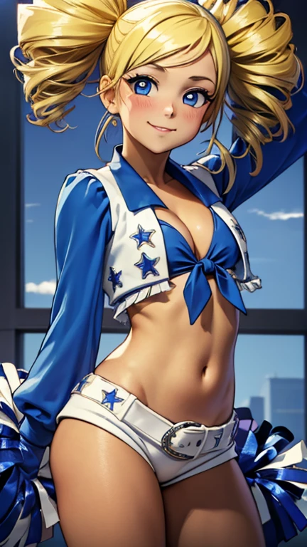 (8k),(masterpiece),(Japanese),(1girl),((ppgzmyk)),((Dallas Cheerleader)),From the front, upper body, Cowboy shot, close up, smile,cute,Innocent,Kind eyes, Flat chest, (blue eyes, blonde hair, twin drills), corner store, vivid colors, front-tie_top
white_shorts
tied_shirt
cleavage
midriff
blue_sleeves