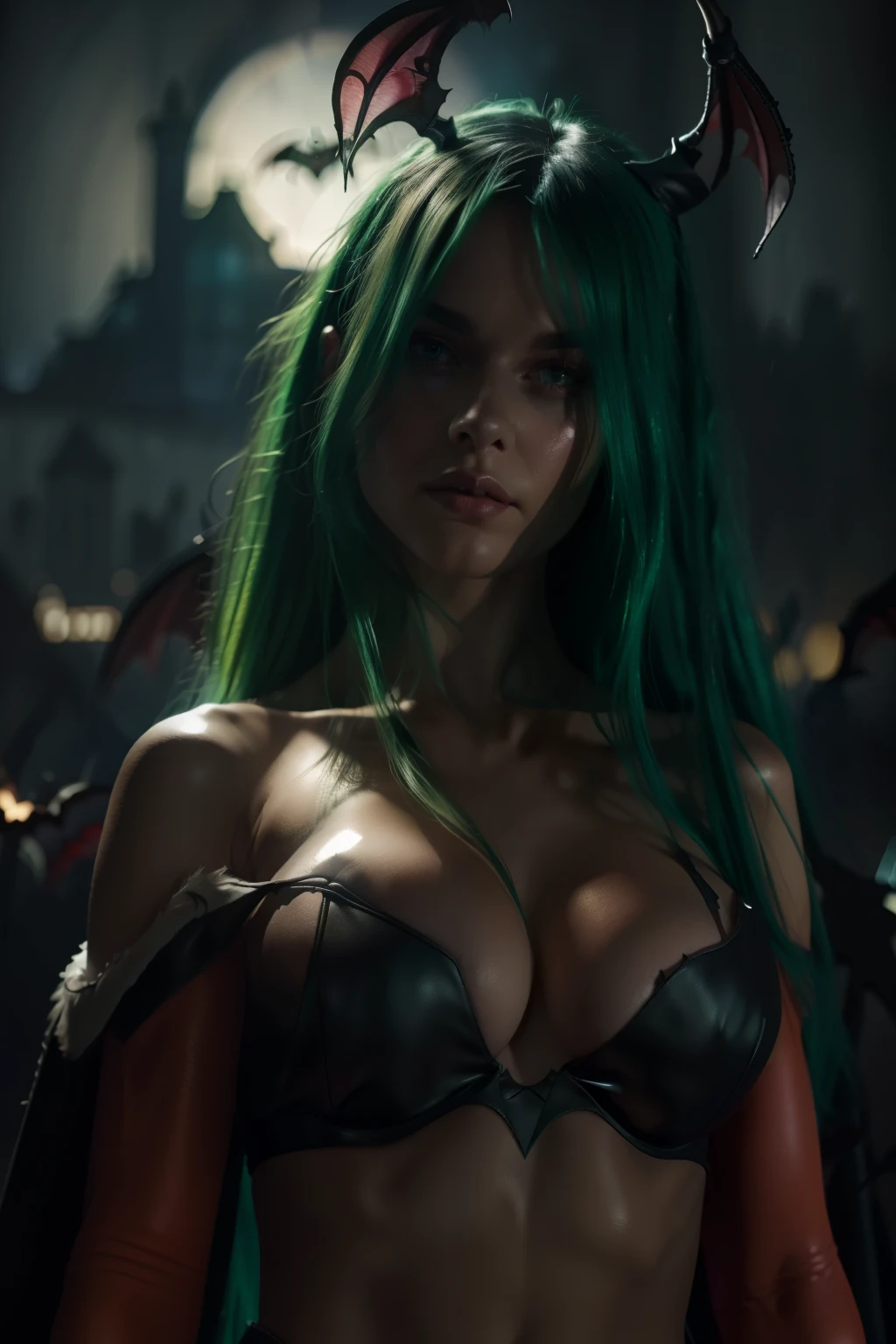 Realistic Morrigan Aensland, Dynamic pose, soft smile, long green hair, (((Bat wings))) , detailed skin Textures, intricate, detailed face, hyperrealistic, realistic light and shadows , ((cinematic lighting:1.5)) . (((Cinematic Dark castle background))) .