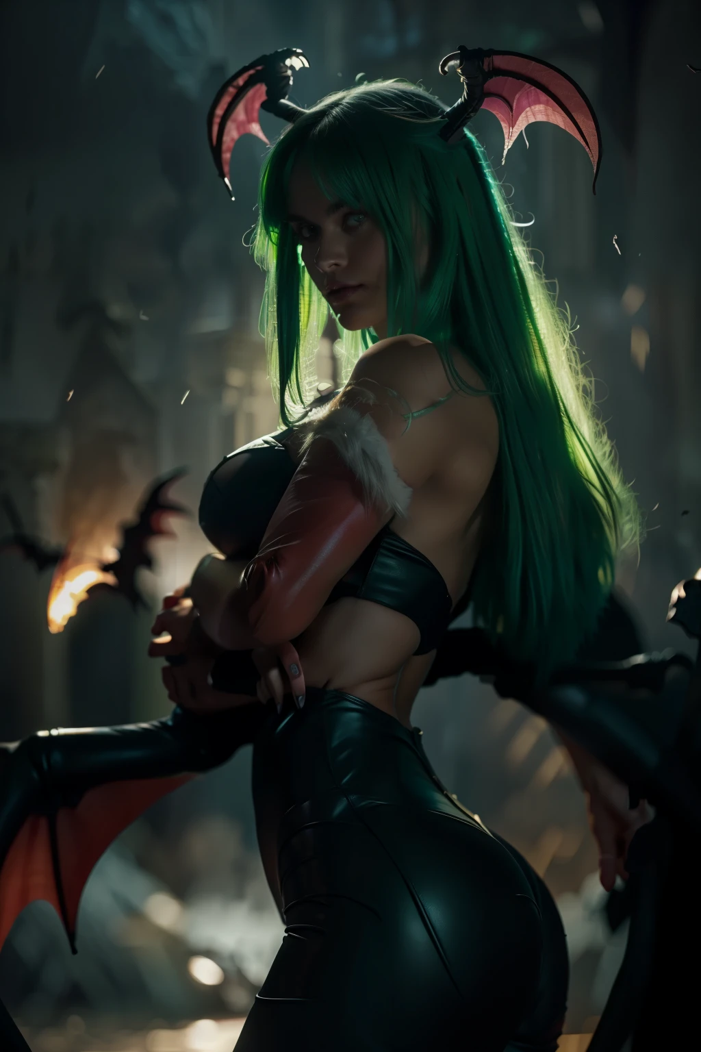 Realistic Morrigan Aensland, Dynamic pose, soft smile, long green hair, (((Bat wings))) , detailed skin Textures, intricate, detailed face, hyperrealistic, realistic light and shadows , ((cinematic lighting:1.5)) . (((Cinematic Dark castle background))) .