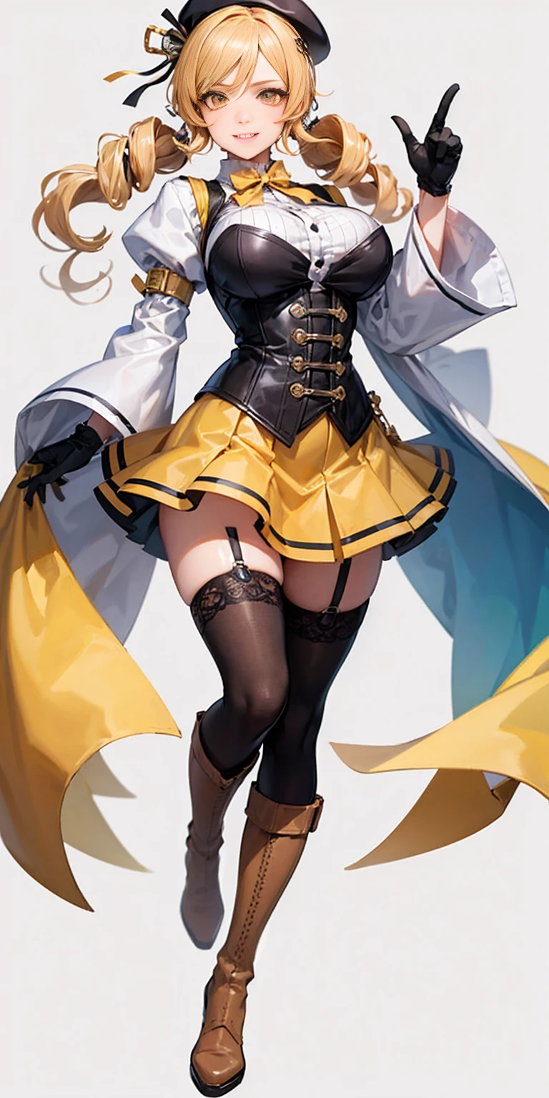 full body standing straight symmetrical, huge boob(masterpiece, best quality:1.2), cowboy shot, solo, 1MILF, mmplatz, smile, looking at viewer, hands on hips, twintails, twin drills, dress, blue pantyhose, striped pantyhose, Handcuffs on their hands, With a collar around the neck