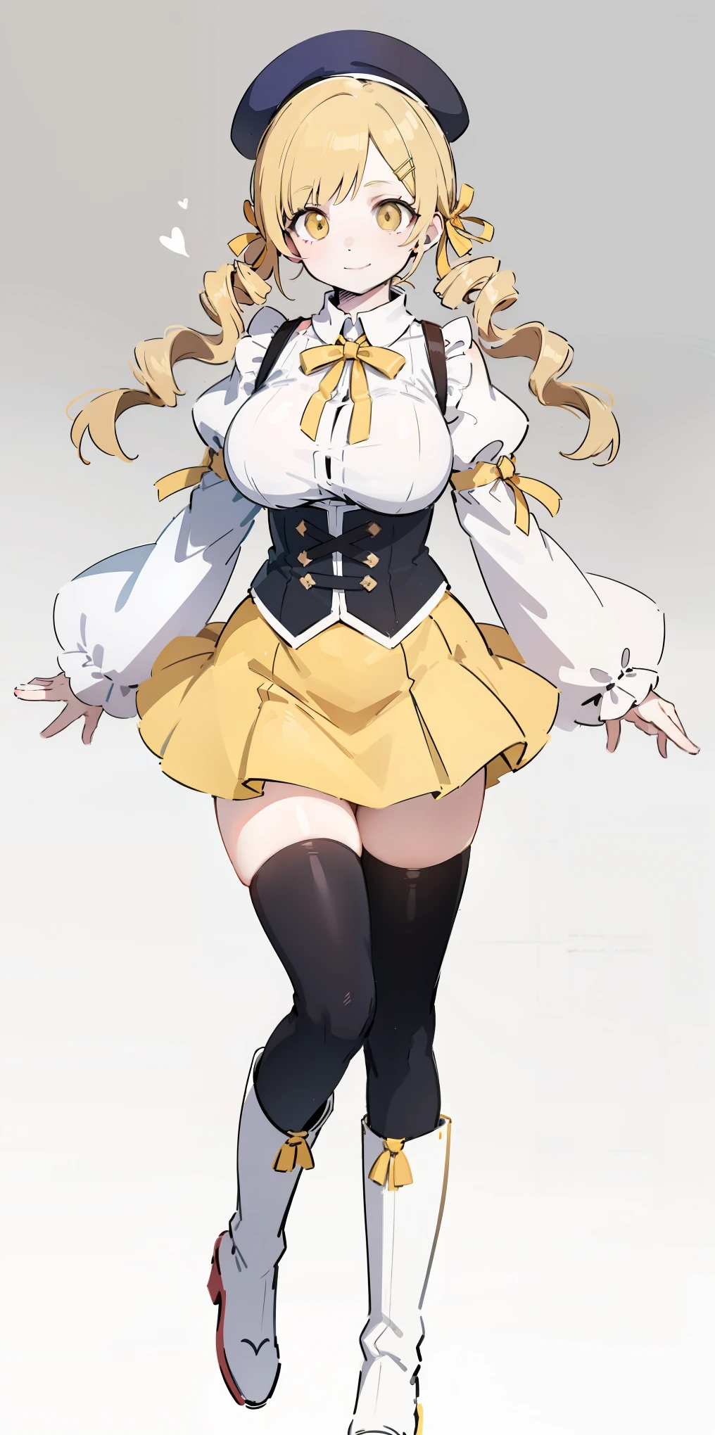 MamiAi, tomoe mami, yellow eyes, blonde hair, drill hair, twin drills, shiny, shiny hair, breasts, blush, smile, bangs, large breasts, magical girl, neck ribbon, hair ornament, ribbon, yellow ribbon, hairpin, skirt, shirt, thigh highs, long sleeves, hat, short sleeves, pleated skirt, boots, detached sleeves, striped, puffy sleeves, puffy short sleeves, zettai ryouiki, black headwear, beret, brown footwear, knee boots, feathers, corset, striped thigh highs, vertical stripes, high collar, brown thigh highs, yellow skirt, vertical-striped thigh highs, feguimel, soft shading, realistic proportions, absurdres, ultra detailed, masterpiece, best quality, aesthetic, detailed
