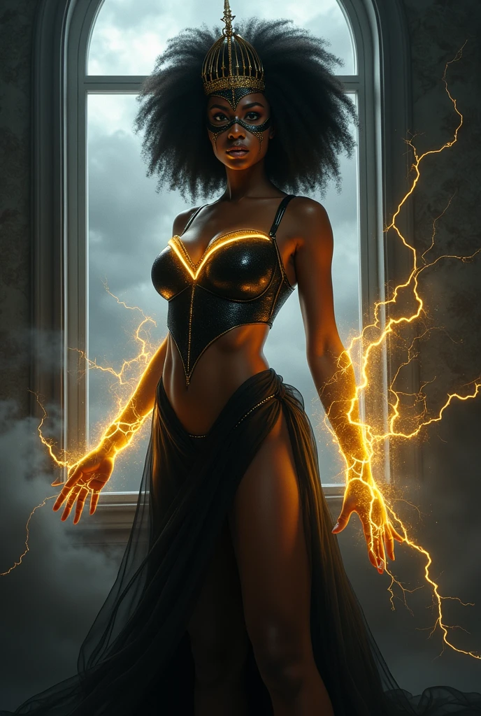 masterpiece, best quality:1.3), (ultra-detailed:1.3), 1girl, solo, (black hair, curly hair, long hair), huge breast, black eyes, (naked ), cowboy shot, cinematic lighting, (((glowing light particles))), (arms behind back), dynamic angle, legs spread, looking at viewer