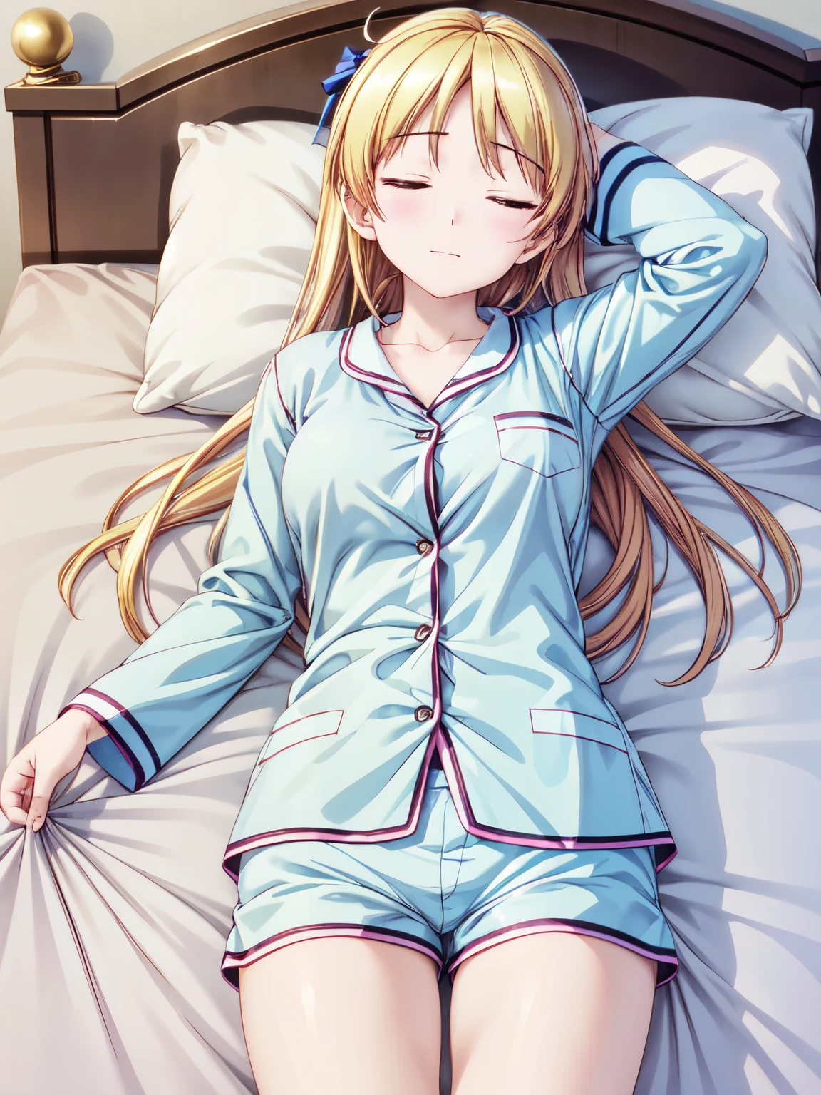 masterpiece、Best Quality、One Girl、Light blue pajamas,indoor、High resolution、Rin Suzunok、Closed Mouth、smile、Long Hair、Attractive eyes、(Sleepy face in bed:1.5).Half asleep、(Shorts、In pajamas:1.2),Hands behind head、Sharp pupils、High resolution、High resolution、 super fine painting,、(Very detailed、color、Sparkle)、(Genuine、Real、Realistic:1.3)、High resolution、超High resolution