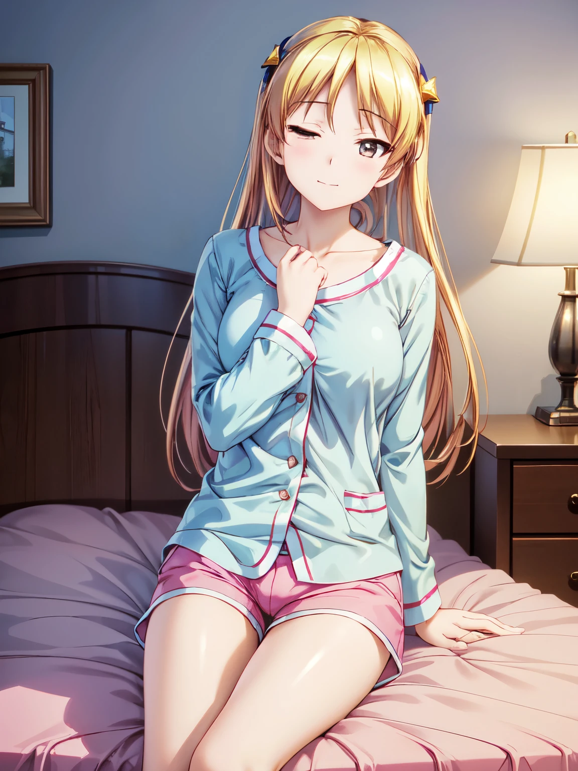 masterpiece、Best Quality、One Girl、Light blue pajamas,indoor、High resolution、Rin Suzunok、Closed Mouth、smile、Long Hair、Attractive eyes、(Sleepy face in bed:1.3).Half asleep、(Shorts、In pajamas:1.2),Hands behind head、Sharp pupils、High resolution、High resolution、 super fine painting,、(Very detailed、color、Sparkle)、(Genuine、Real、Realistic:1.3)、High resolution、超High resolution