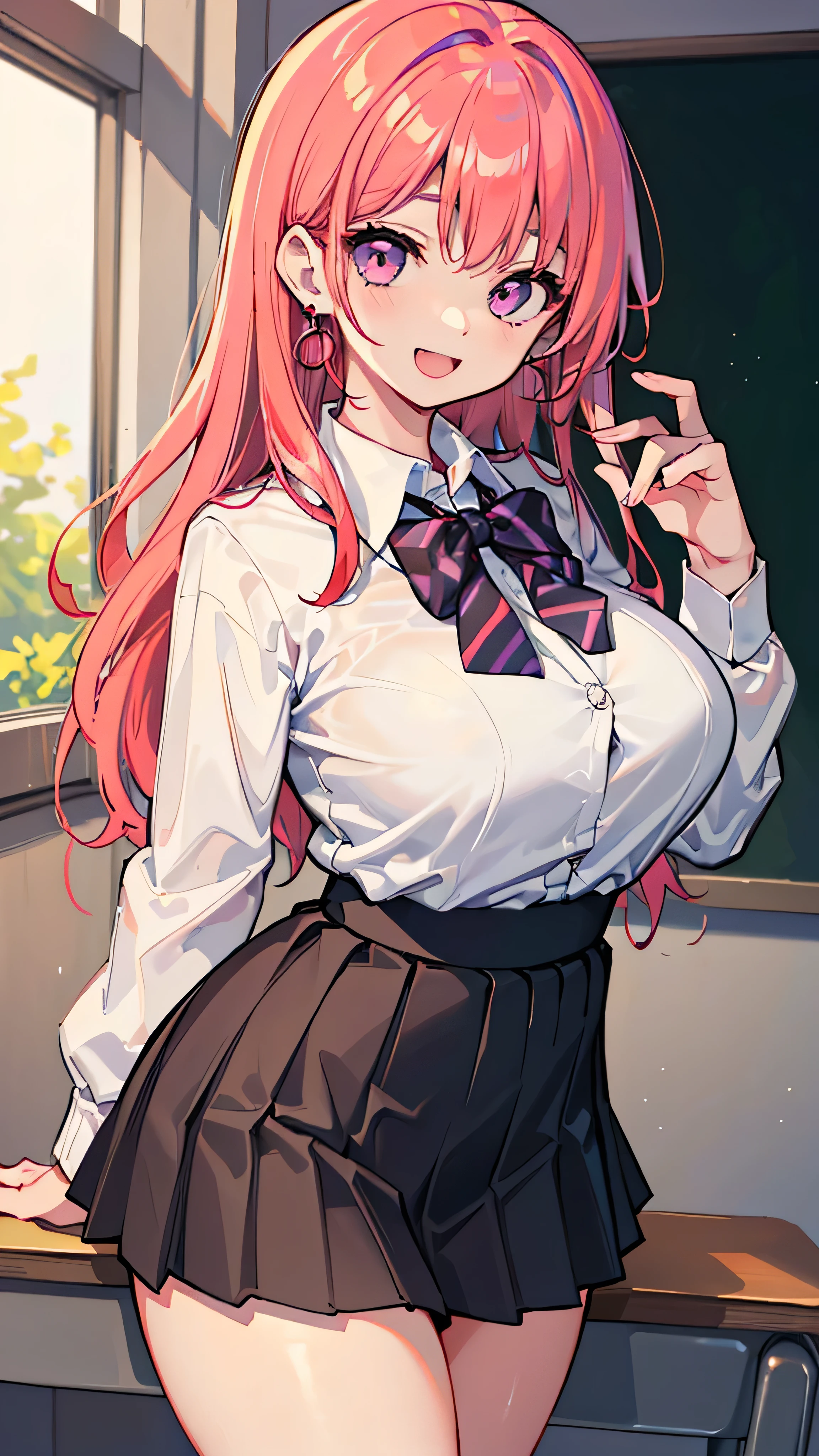 aaoriana, long hair, large breasts, long hair, blush, lipstick, jewelry, earrings, Hot girl, baddie, mean girl, sensual, attractive, masterpiece, best quality, ((unbuttoned , cleavage, necklace, earrings, sexy body,
breasts)) , micro skirt, smiling, navel , exposed belly, exposed navel,school,
classroom , hold a gun,knot, holding pistol