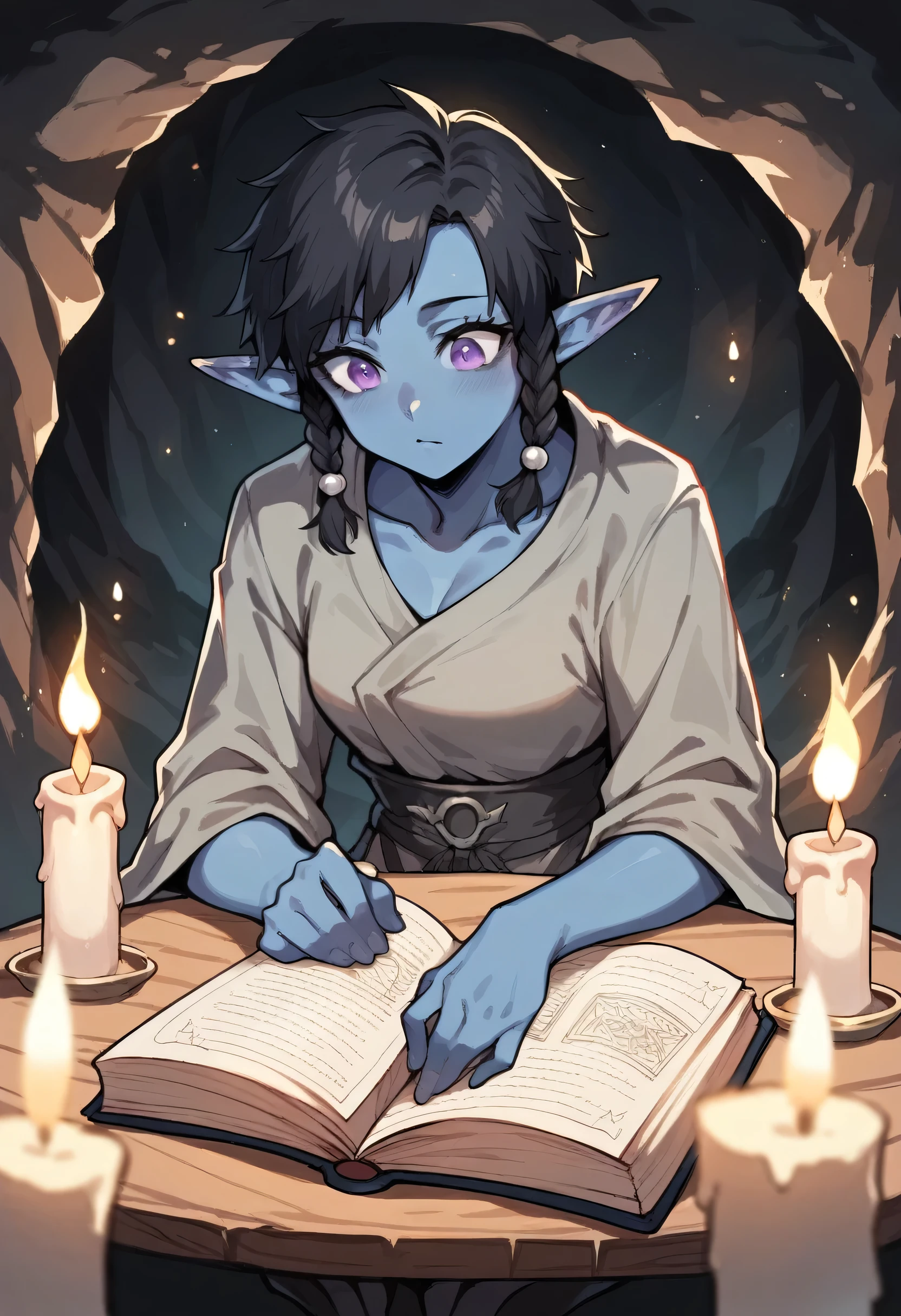 The blue-haired girl was reading a magic textbook in the bedroom. Otherworldly fantasy style, magic