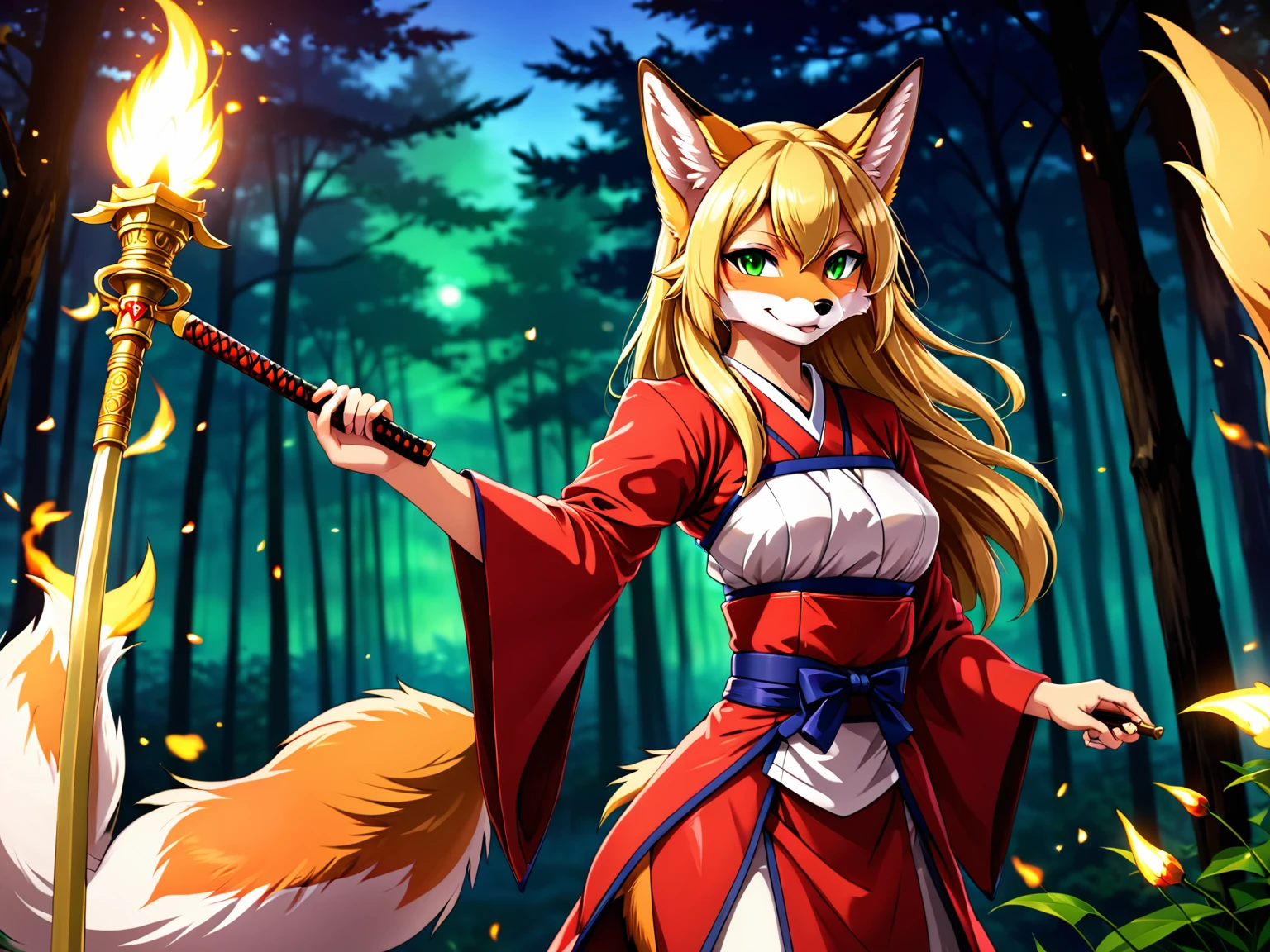 anime girl with long blonde hair and green eyes holding a knife, fox nobushi, kitsune, fox nobushi holding a naginata, holo is a wolf girl, kitsune holding torch, touhou character, with kitsune mask, kitsune three - tailed fox, a beautiful kitsune woman, anime moe artstyle