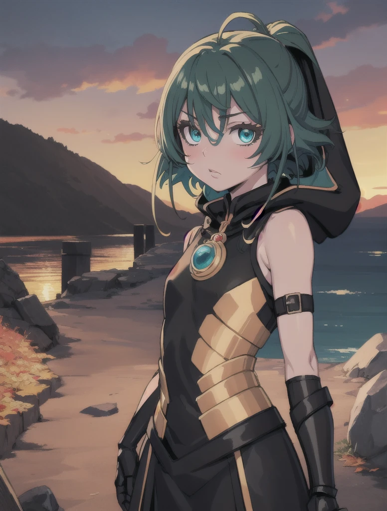 masterpiece, best quality, aprilis, aqua eyes, armor, bare shoulders, black shirt, black dress, single mechanical arm, hood, blush, looking at viewer, village, autumn, sunset, :o, upper body