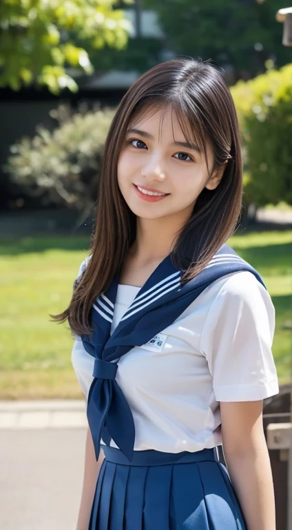 neat college girl, (school uniform, sailor uniform, ribbon tied at chest, summer clothes, upper body white, skirt dark blue, short sleeves), outside the athletic field, (slim), photorealistic, detail, skin texture, ultra detail, delicate and sexy collarbone, smile, super detailed face, detailed lips, detailed eyes, double eyelids, small breasts, small breasts, small, flat breasts, breast emphasis