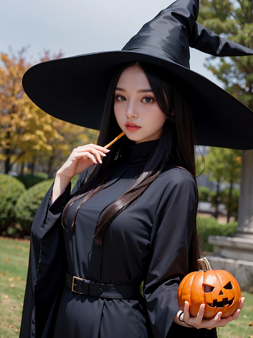 Shooting with an anamorphic lens、 girl with, a beauty girl,((Matte skin))、The wind is blowing、Well-formed face、((Not wearing pants))、fullnude、14years、８Head and body、a small face、A slender、Very skinny、skinny、tiny chest,Ribs、discreet breasts、Smaller chest、small tits、beauty legs、Constricted waist、dented belly、Model body type、Beautiful black hair with luster、Backgrounds that look like real photos、(((NSFW)))、(((Thigh strap for only one leg)))、Happy face、Book cover、Artistic silhouette、appearance々Nice place、Girls who do their best to be fashionable、Leaving the house naked、wearing witch hat、Halloween Cosplay、miscievous smile、