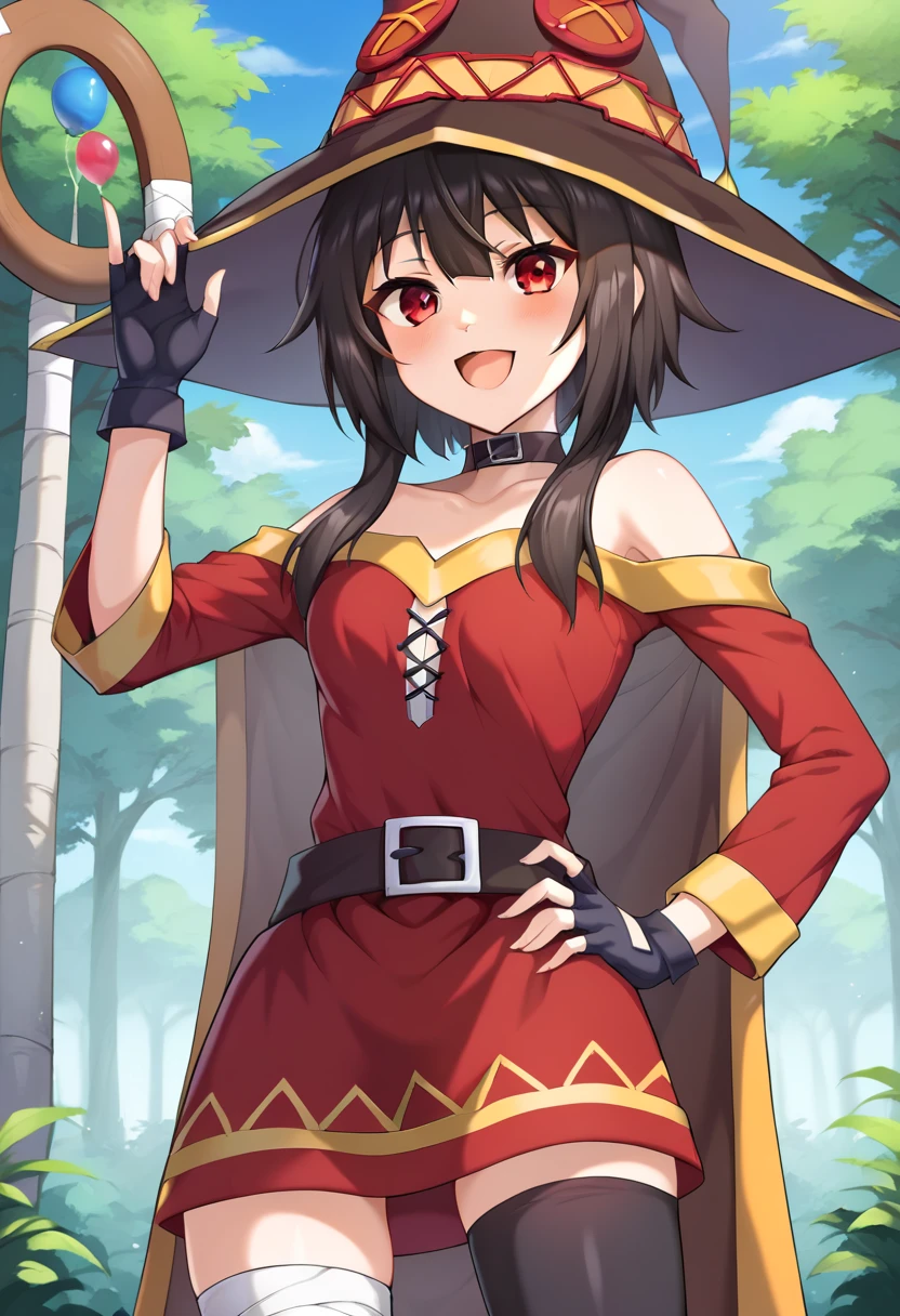 (masterpiece), (Best quality), (Very detailed), (high resolution), (8Khighres), (cel anime), (detailed beautiful face and eyes), (textile shading), (cowboy shot), (forest), 1girl, megumin, short hair, black hair, red eyes, side locks, long locks, thighhighs, gloves, hat,red dress, black gloves, belt, black thighhighs, fingerless gloves, cape, collar, witch hat, bandages, red dress, single thighhigh, asymmetrical legwear, bandaged leg, small breasts, beautiful breasts, happy, smile, put hands on hips,,