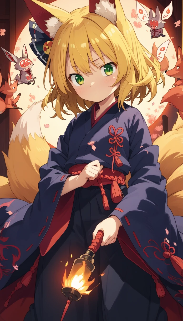 score_9, score_8_up, score_7_up, anime girl with long blonde hair and green eyes holding a knife, fox nobushi, kitsune, fox nobushi holding a naginata, holo is a wolf girl, kitsune holding torch, touhou character, with kitsune mask, kitsune three - tailed fox, a beautiful kitsune woman, anime moe artstyle, by posssummachine