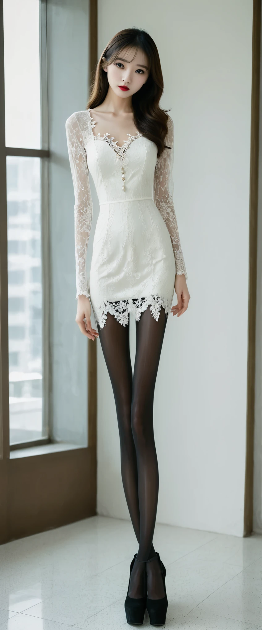 
Very Very thin (Anorexia Long and thin body:1.2). Very thin, Wearing shiny black tights、Unrealistically long and slender legs,Upper Body(white lace wedding dress:1.5),(Whole body posture:1.5). Very beautiful and cute real face.