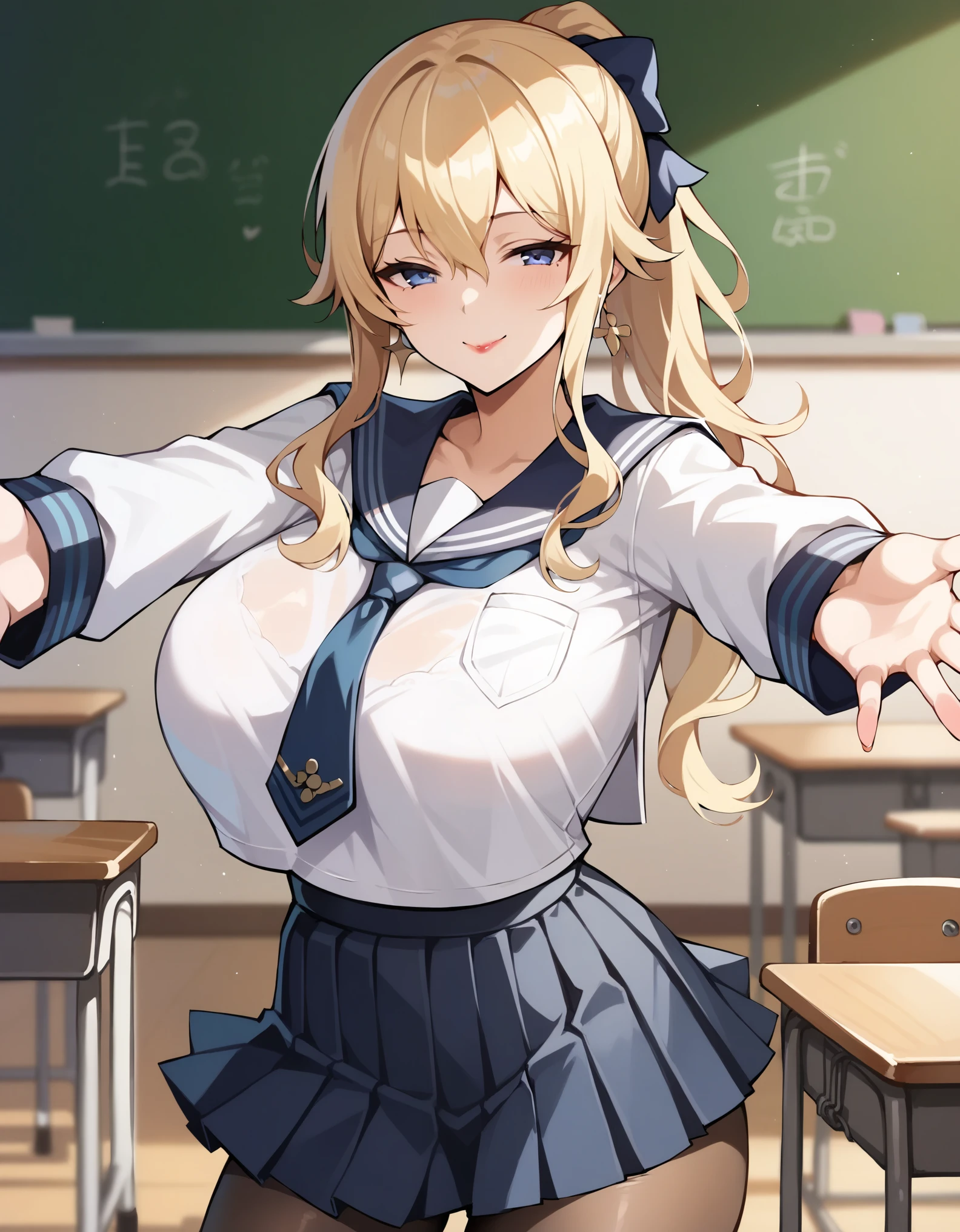 masterpiece, score_9_up, score_8_up, score_7_up, 1girl, milf, solo, jean_(genshin_impact), (huge breasts), (((blonde hair), long hair, bangs, sidelocks, blue eyes, half-closed eyes)), lipstick, black lips, ((blue seifuku, long sleeves, medium skirt, pleated skirt, pantyhose)), ((naughty smile), closed mouth)), ((beckoning, outstretched arms, classroom))