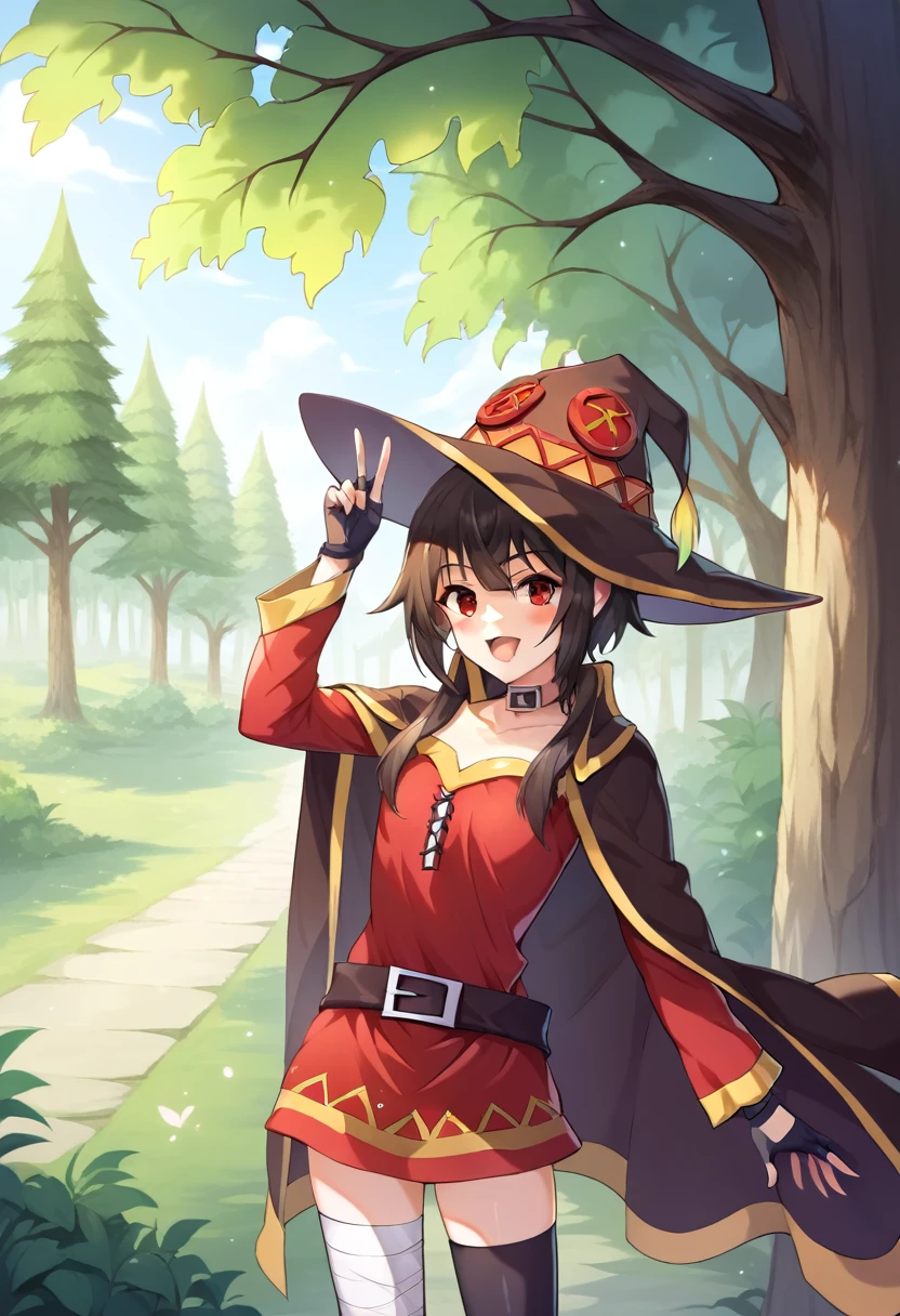 (masterpiece), (Best quality), (Very detailed), (high resolution), (8Khighres), (cel anime), (detailed beautiful face and eyes), (textile shading), (cowboy shot), (forest), 1girl, megumin, short hair, black hair, red eyes, side locks, long locks, thighhighs, gloves, hat,red dress, black gloves, belt, black thighhighs, fingerless gloves, cape, collar, witch hat, bandages, red dress, single thighhigh, asymmetrical legwear, bandaged leg, small breasts, beautiful breasts, happy, smile, wariza, from side, (from above:1.3) ,,