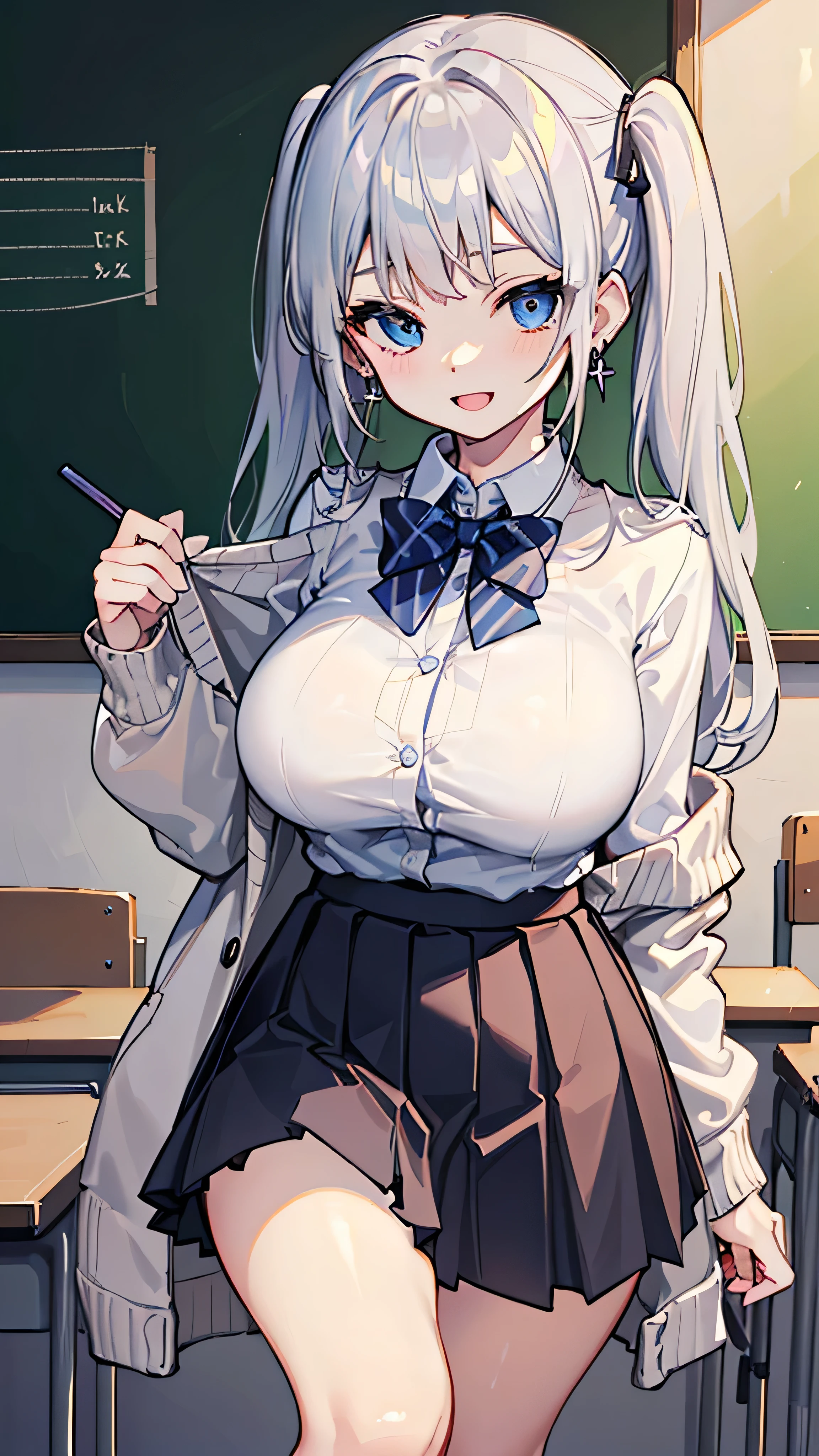 (masterpiece、Please redeem、Very detailed))、One Girl、Improve、Silver Hair、Long twin tails、Bright Blue Eyes、Wicked Smile、((Open your mouth))、((Lots of earrings))、((Large Breasts))、((White collar shirt))、Knitted cardigan、Bow tie、((Black pleated skirt))、((mini skirt))、Cardigan at waist、((Thick waist))、Thighs、Cowboy Shot、Classroom Background