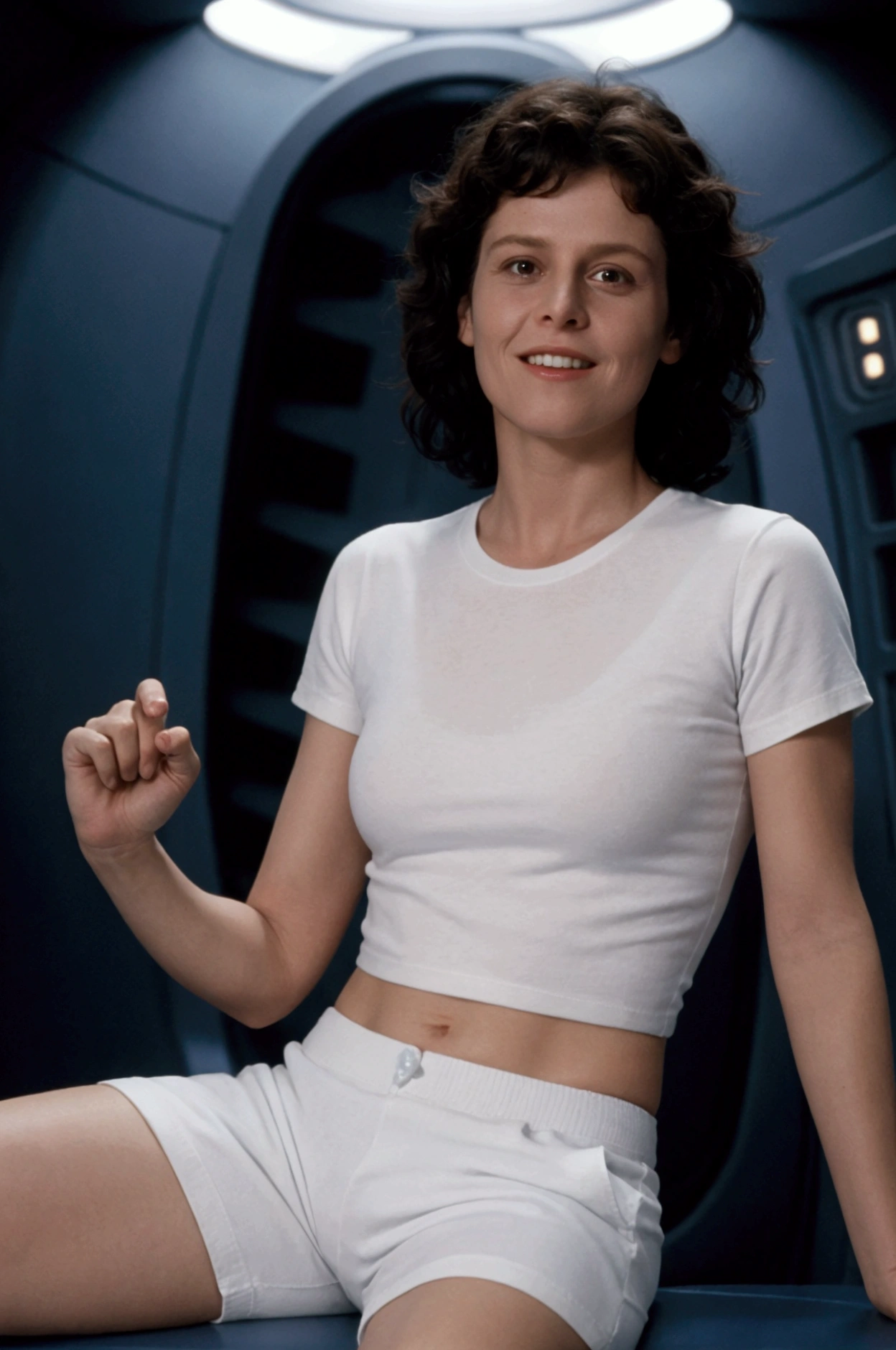 Ellen Ripley from the movie &quot;Alien&quot;, On a spaceship, flirting, smiles, high resolution, 80&#39;s movies, looks at the viewer, The heroine is wearing a white T-shirt and short blue shorts, Calm pose, 