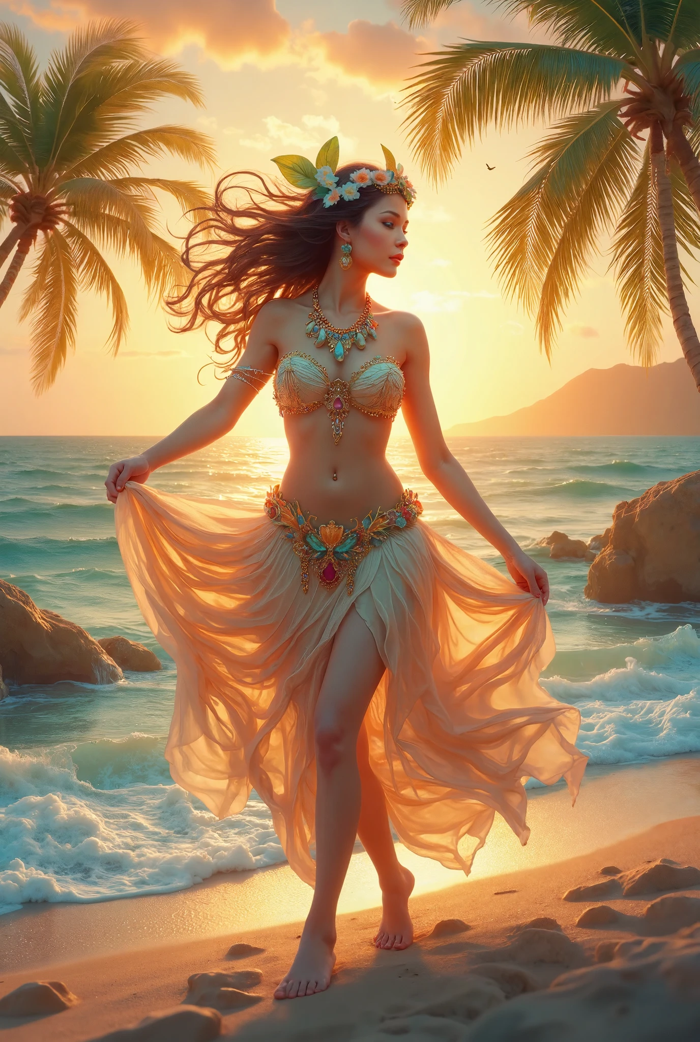 A woman gracefully dances the hula with the setting sun of the ocean in the background. The golden sky, waves, and swaying palm trees in the background create a quiet and beautiful Hawaiian atmosphere.